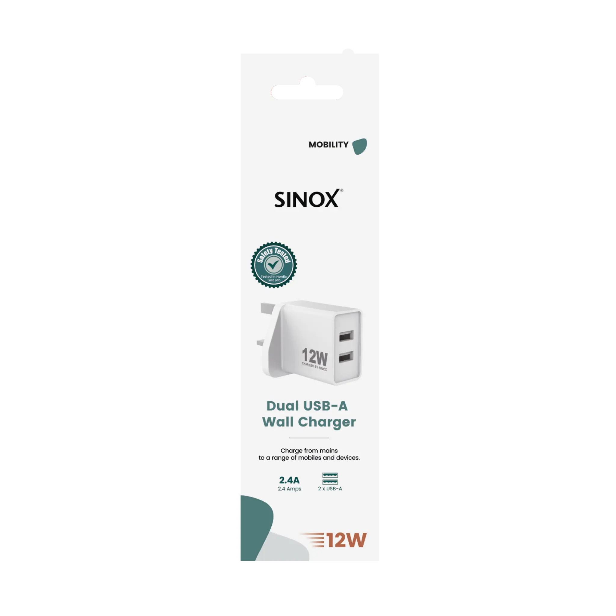 Sinox väggladdare 2xUSB-A 12W. Vit