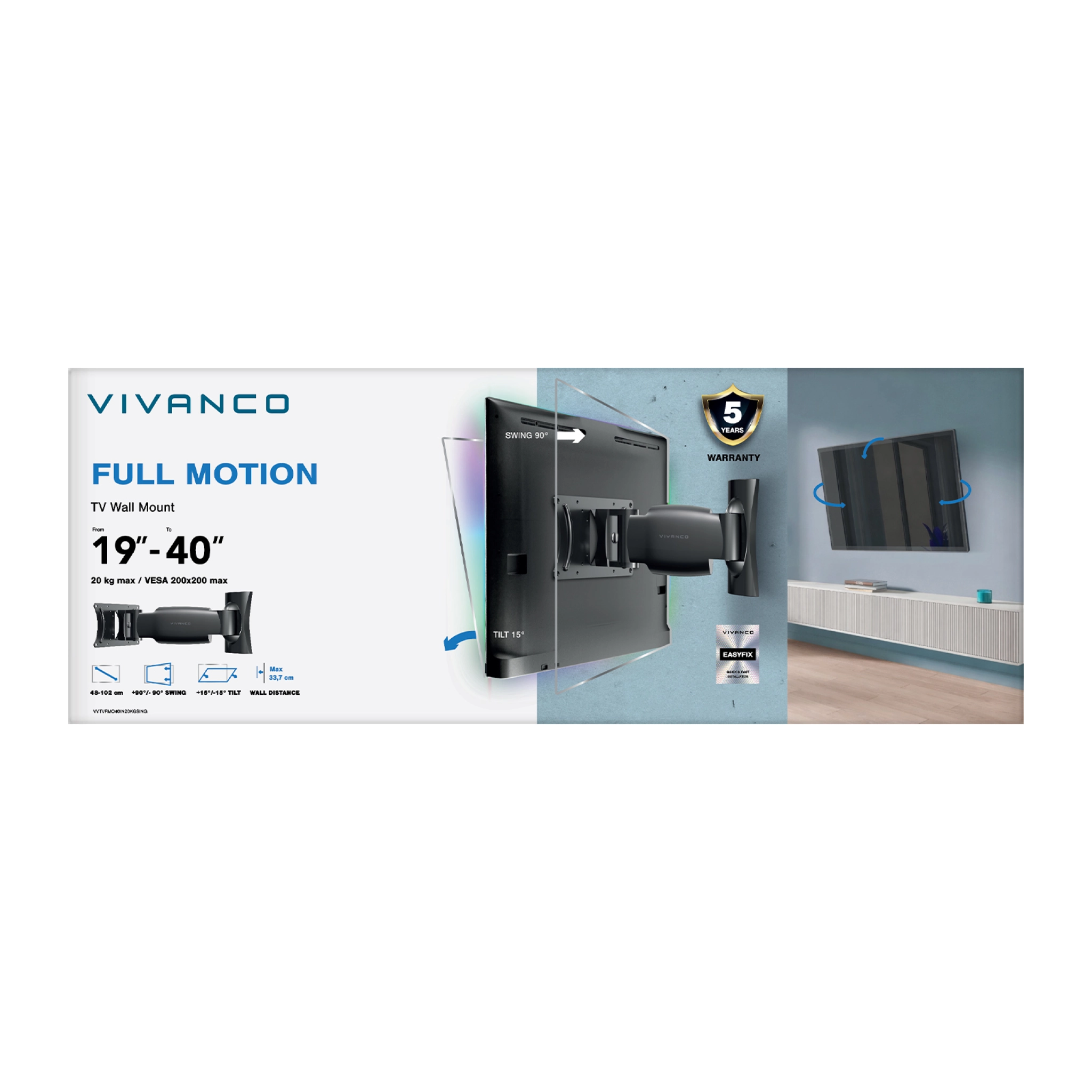 Vivanco TITAN TV-väggfäste, TILT, rotation 360°, 40", 20kg, VESA 200x200