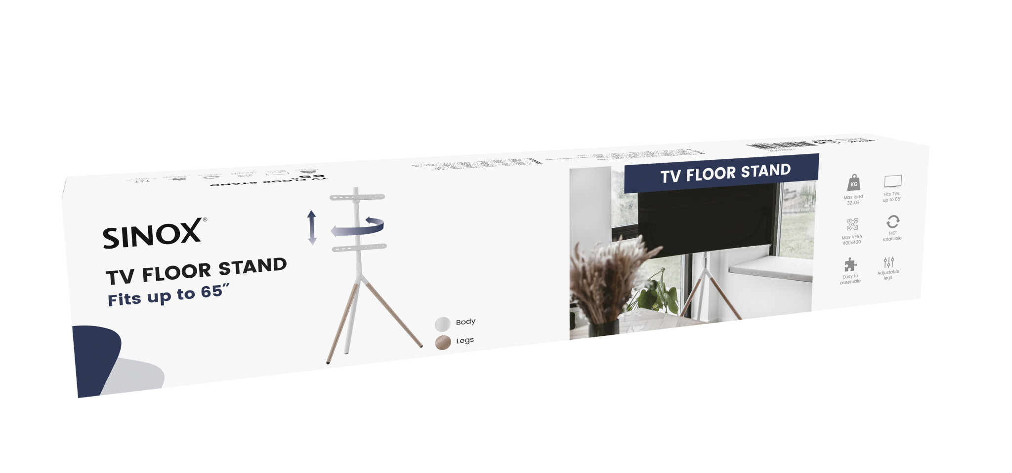 Sinox Tripod TV-golvstativ med svängbar topp. 45"-65". Ljust trä/vit