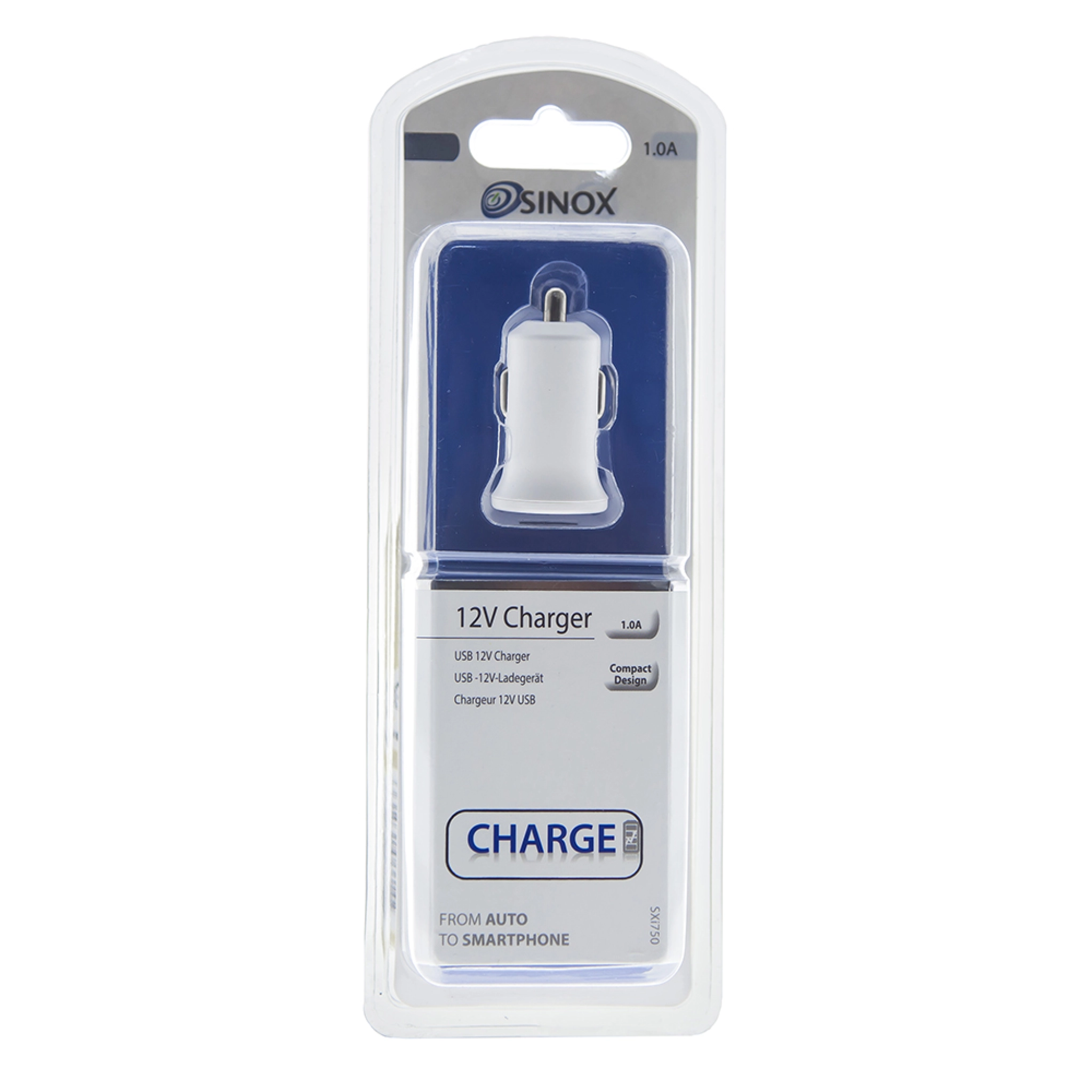 Sinox 12V USB A billaddare. 1,0A. Vit
