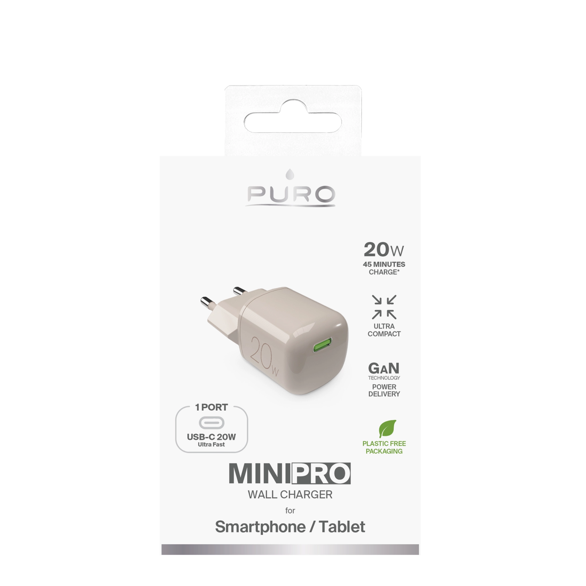PURO MiniPro 20W USB-C väggladdare - GAN-teknik