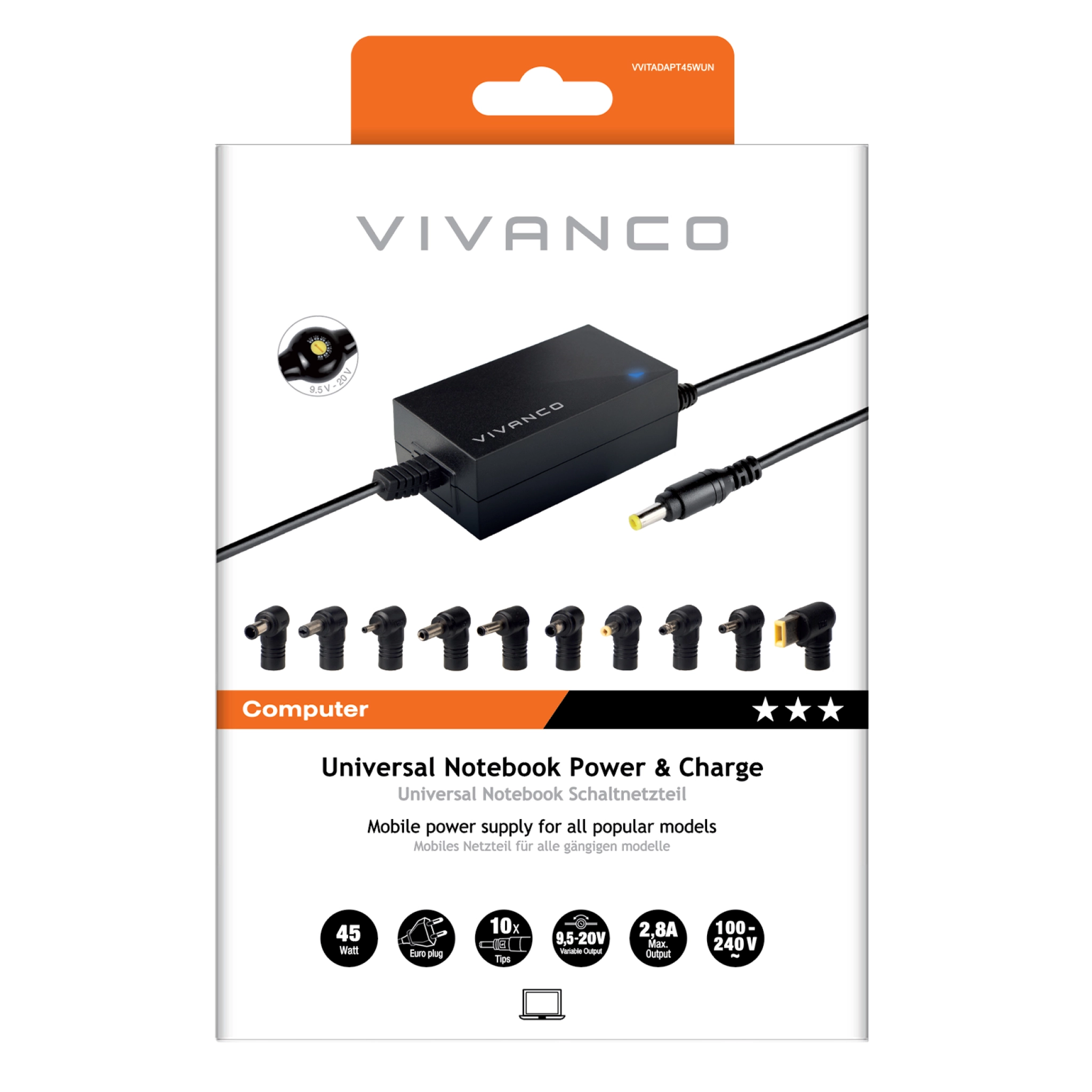 Vivanco Universellt nätaggregat med strömbrytare för notebooks och netbooks, 45 Watt