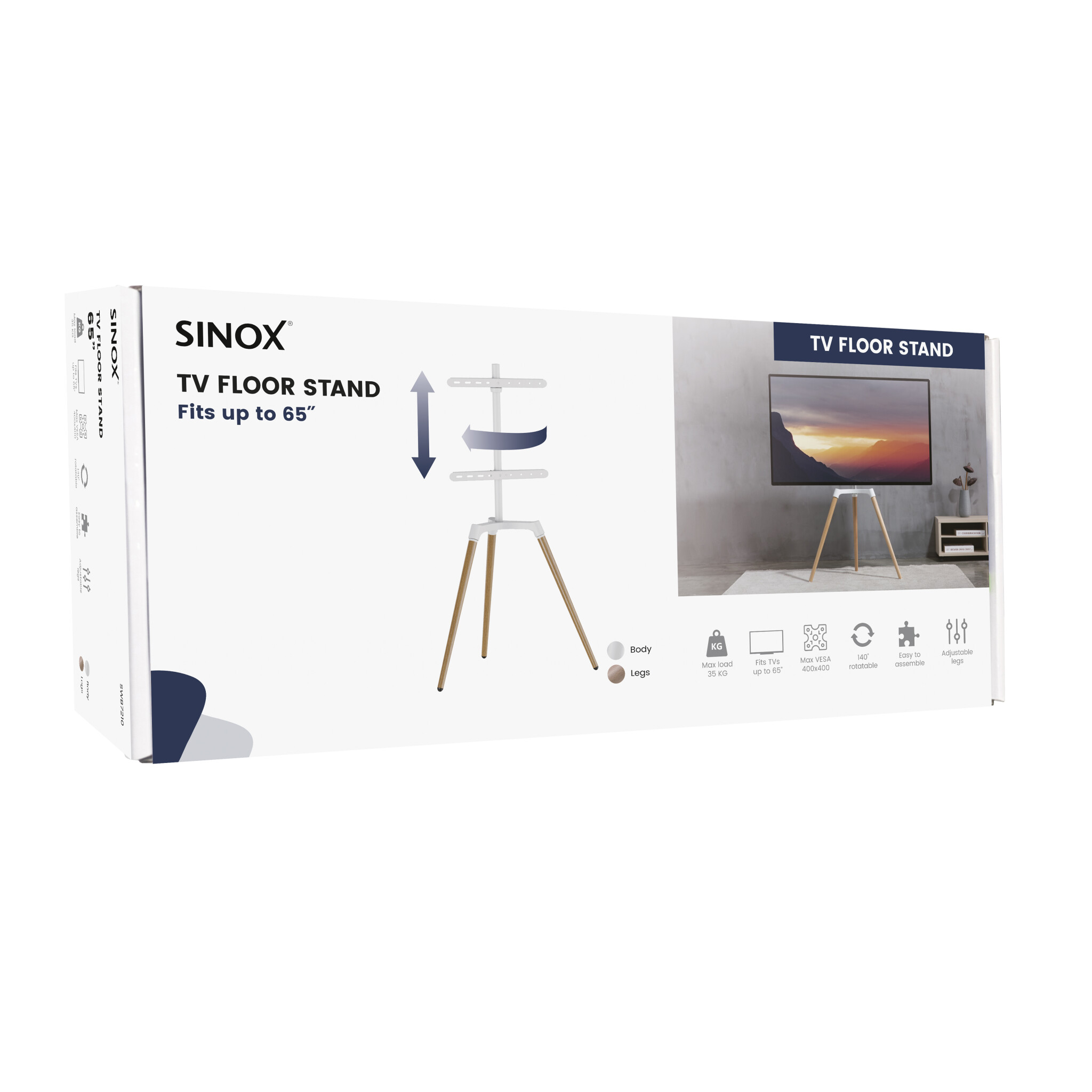 Sinox Tripod TV-golvstativ med svängbar topp. 50"-65". Ljust trä/vit