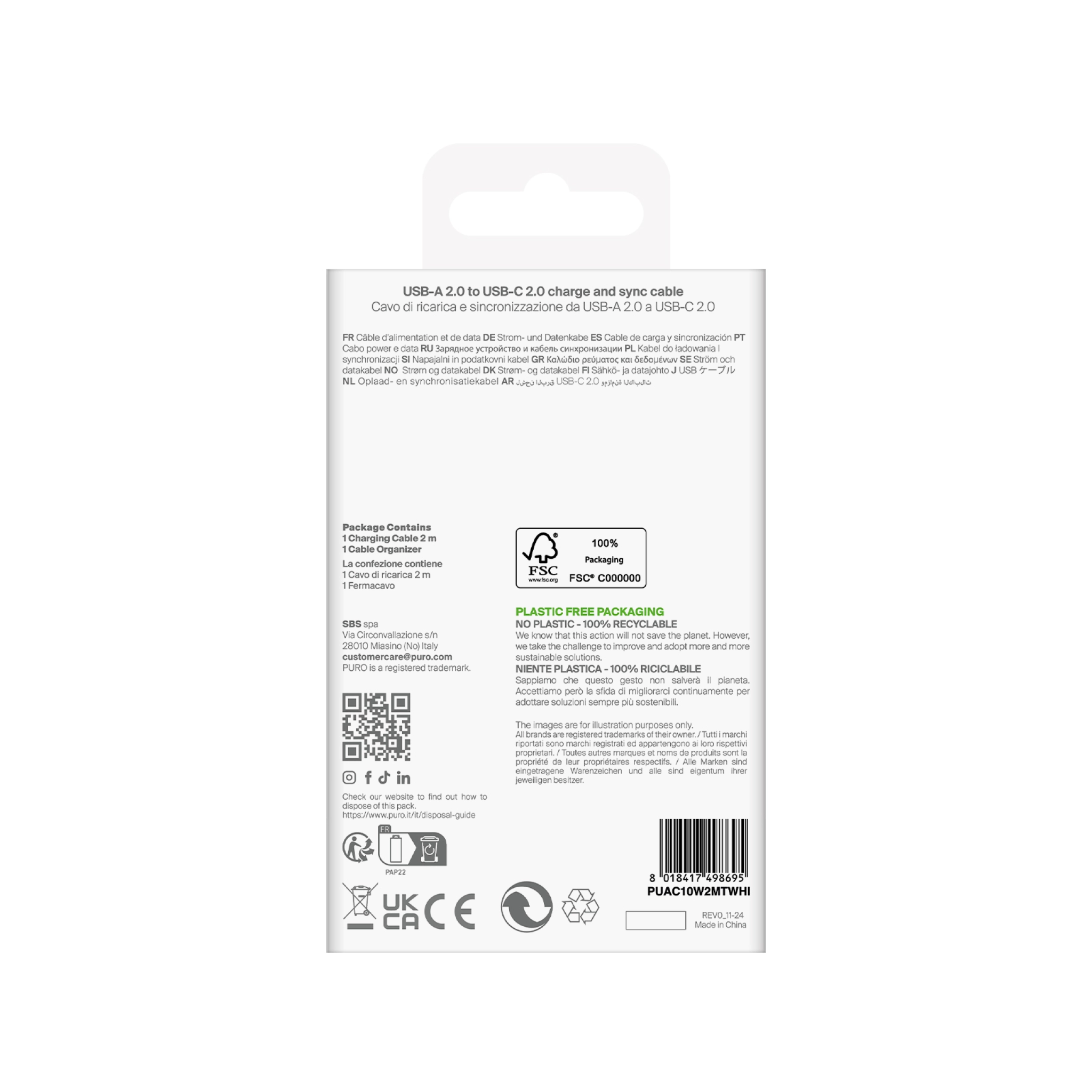 PURO TPE-kabel USB-A till USB-C, 2m, 2.0, 10W, vit