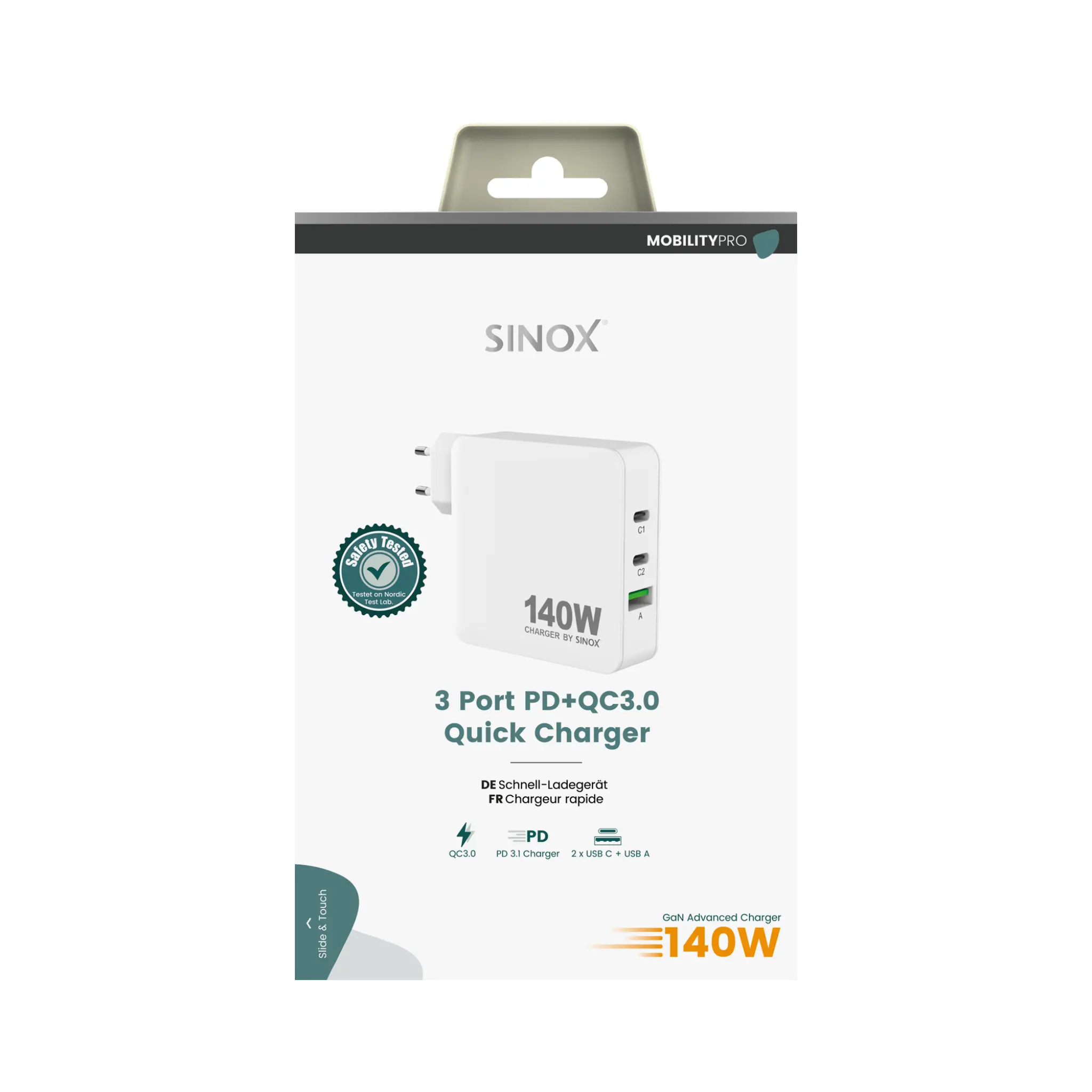 Sinox PRO väggladdare 2xUSB-C 1xUSB-A 140W. Vit