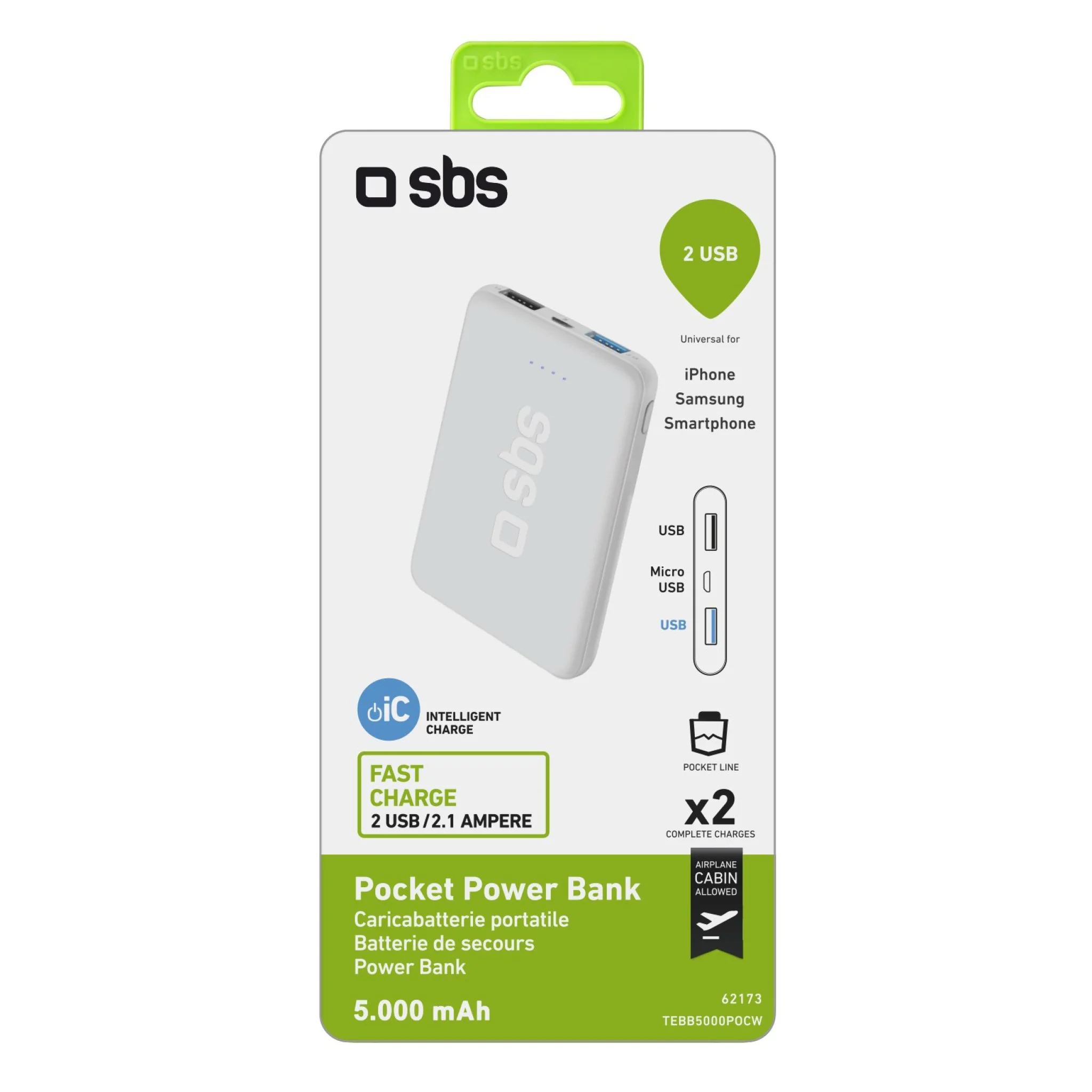 SBS snabbladdande Power Bank. 5000 mAh. Vit