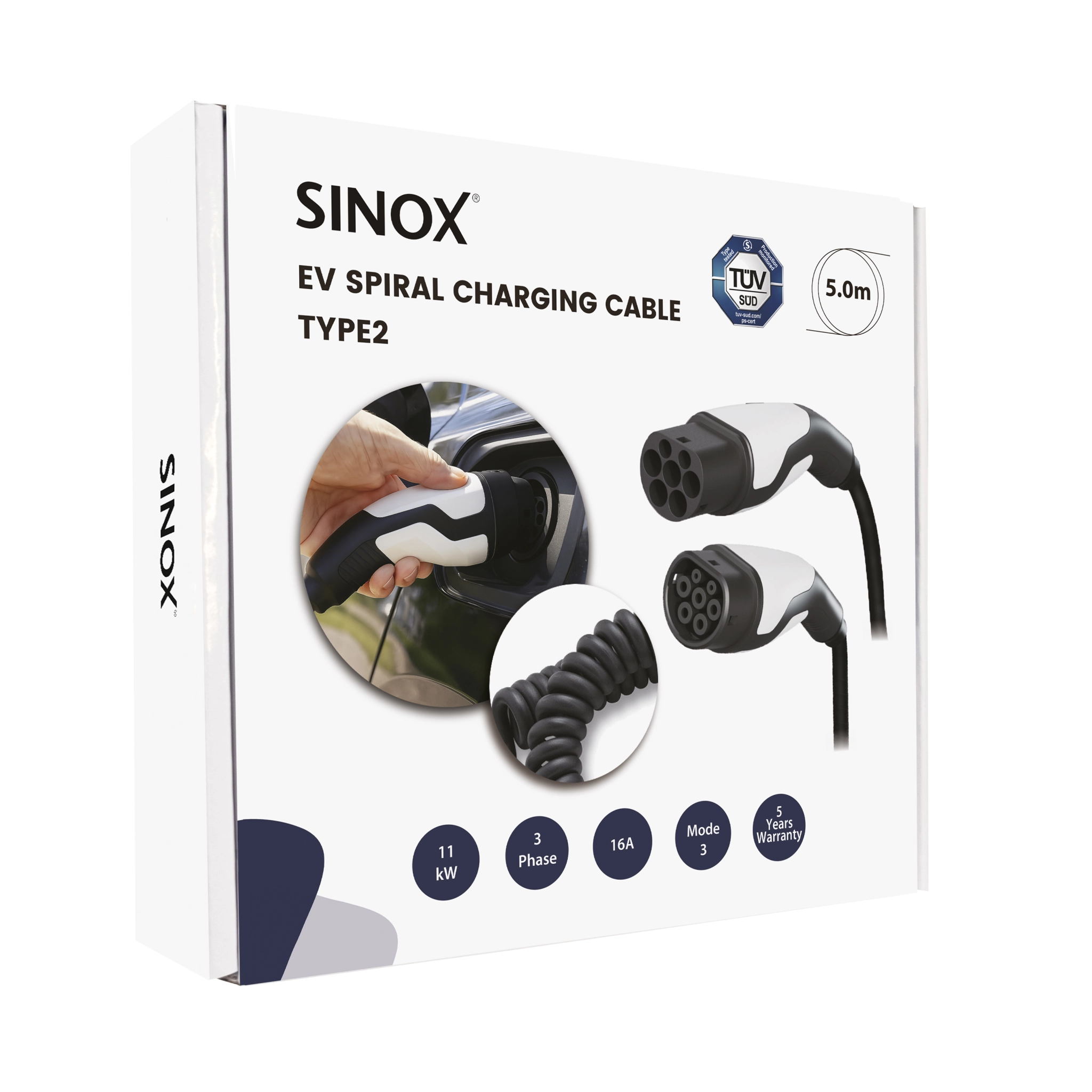 Sinox EV-laddningsspiralkabel Mode 3. 16A 3 faser. 5m. Svart