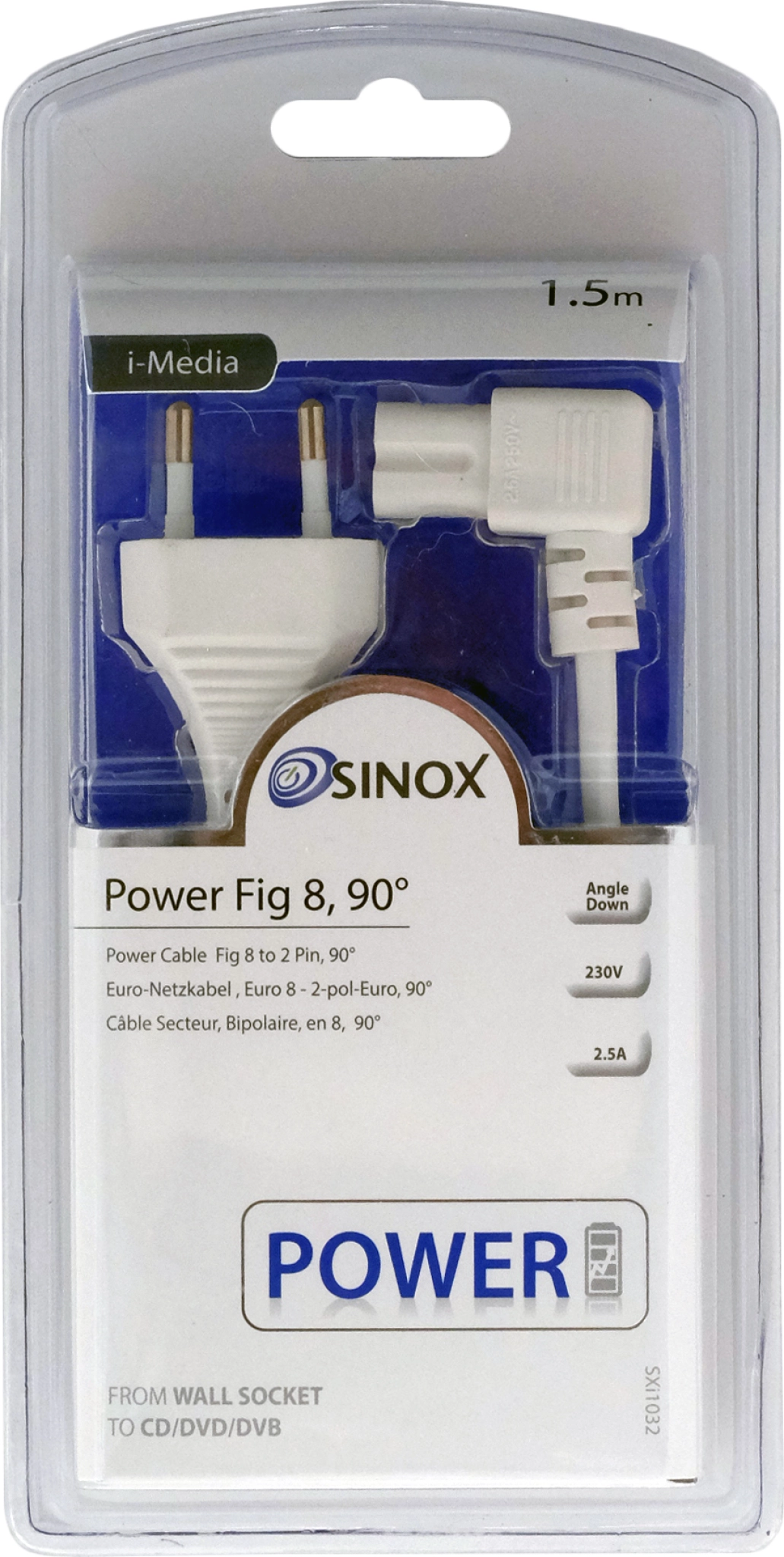 Sinox figur-8 vinklad strömkabel. 1.5m. Vit