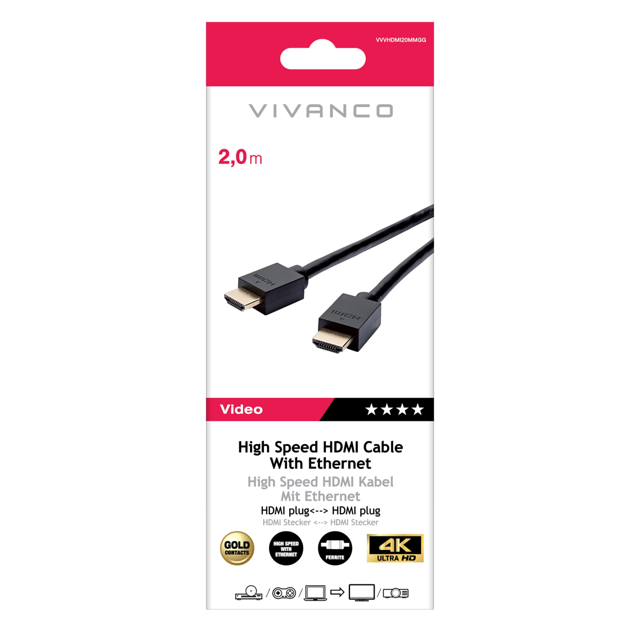 Vivanco Höghastighets HDMI-kabel med Ethernet