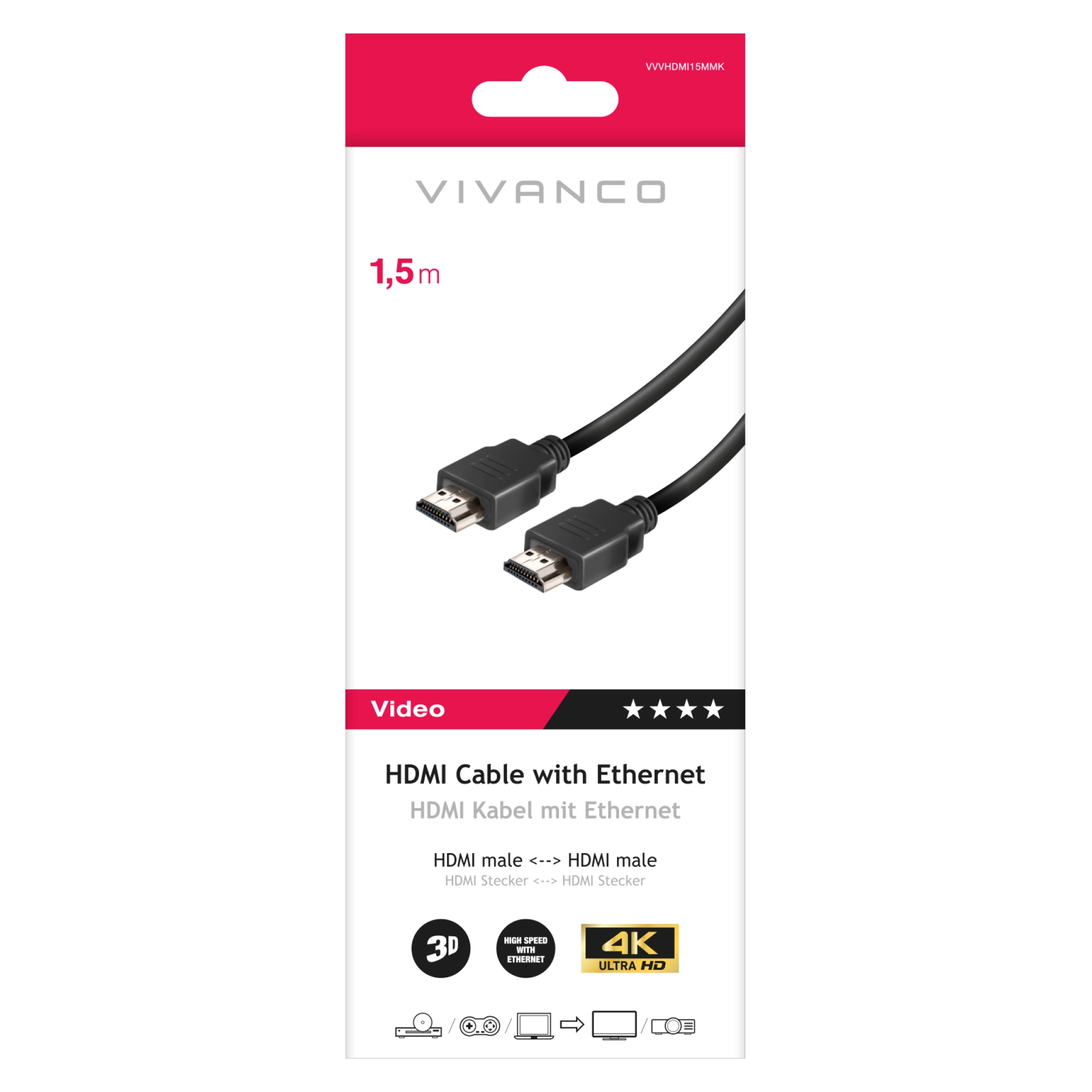 Vivanco HDMI typ A-kabel för 3D och 4K Ultra HD