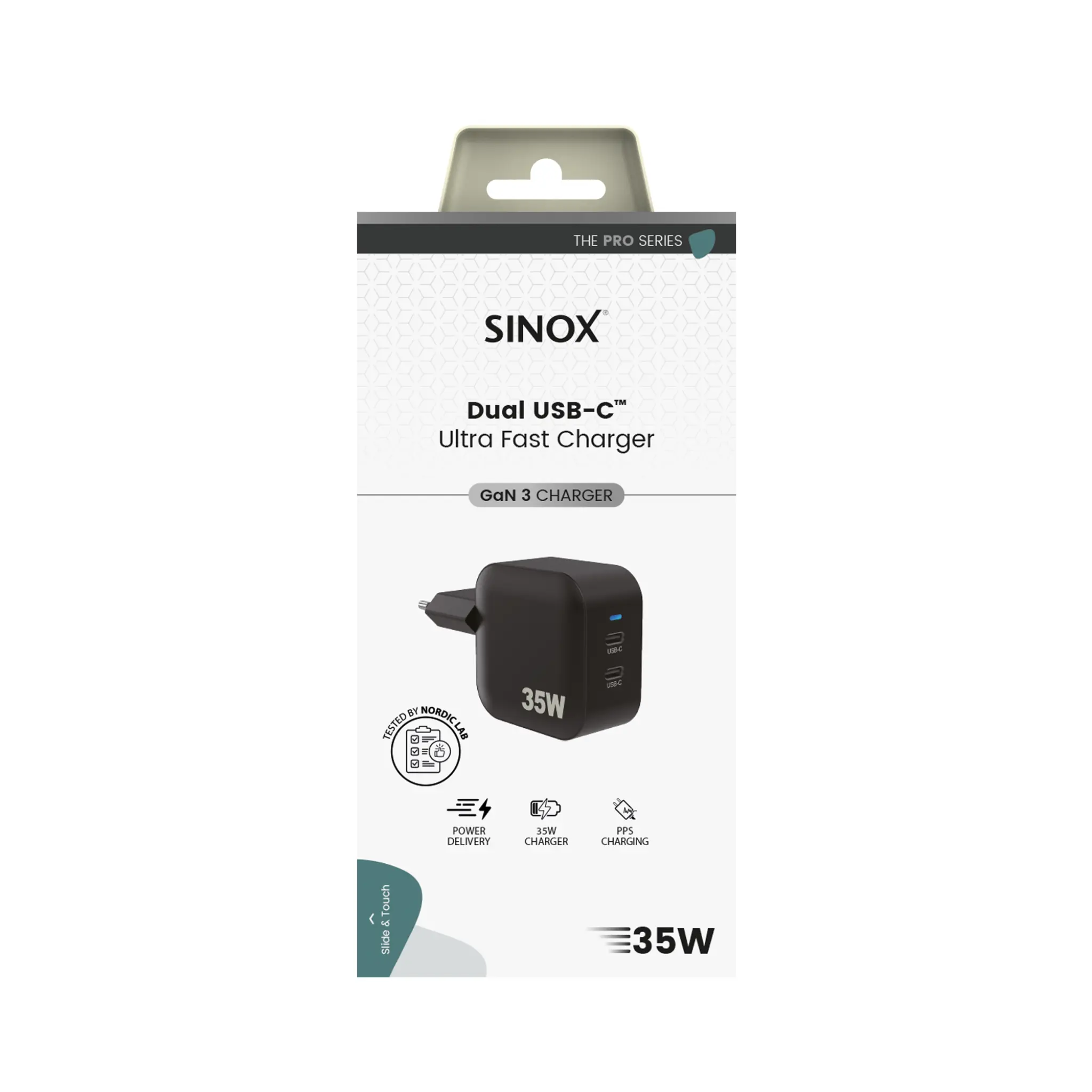 Sinox PRO väggladdare 2xUSB-C PD 35W. Svart