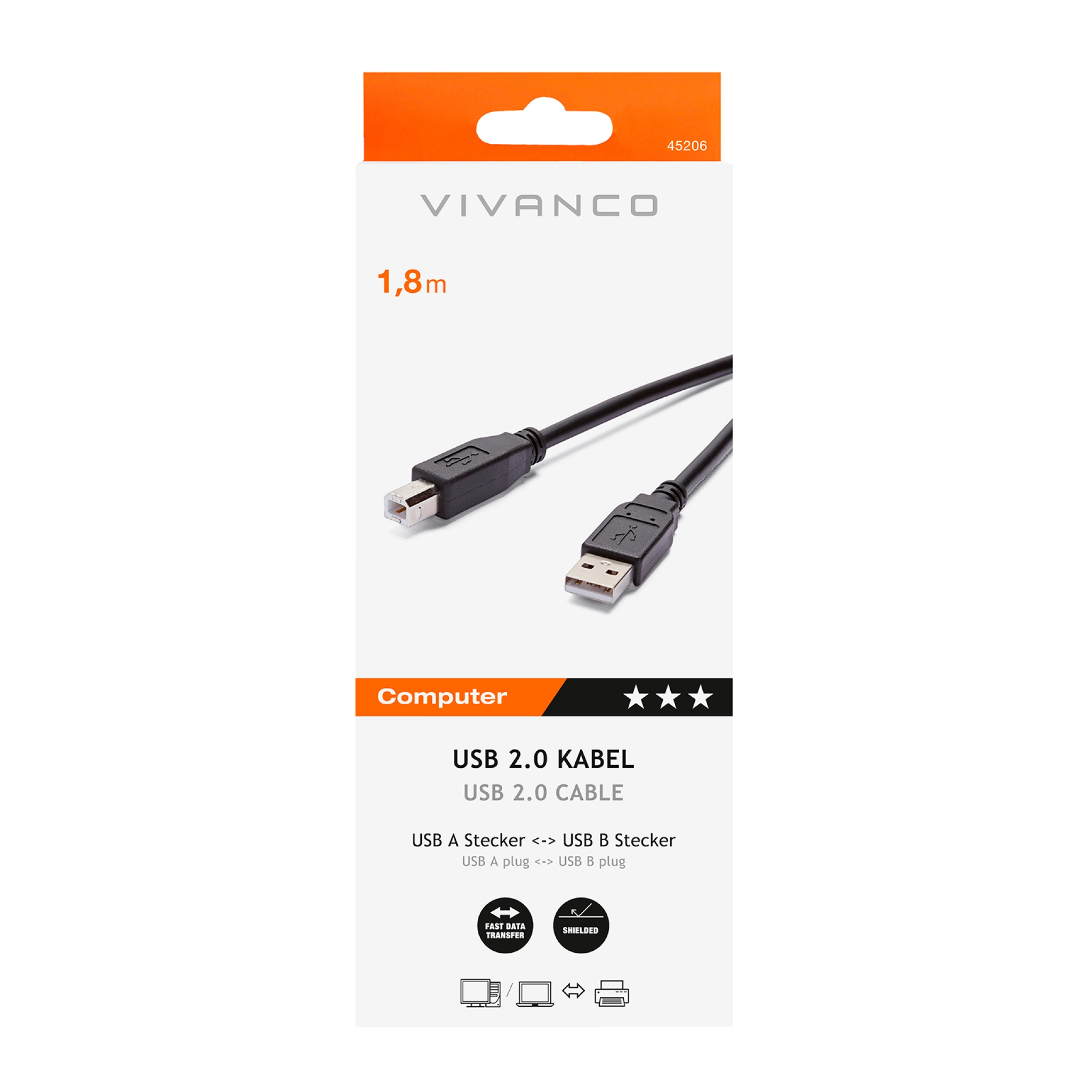 Vivanco USB-B 2.0 kompatibel anslutningskabel, 1,8 m