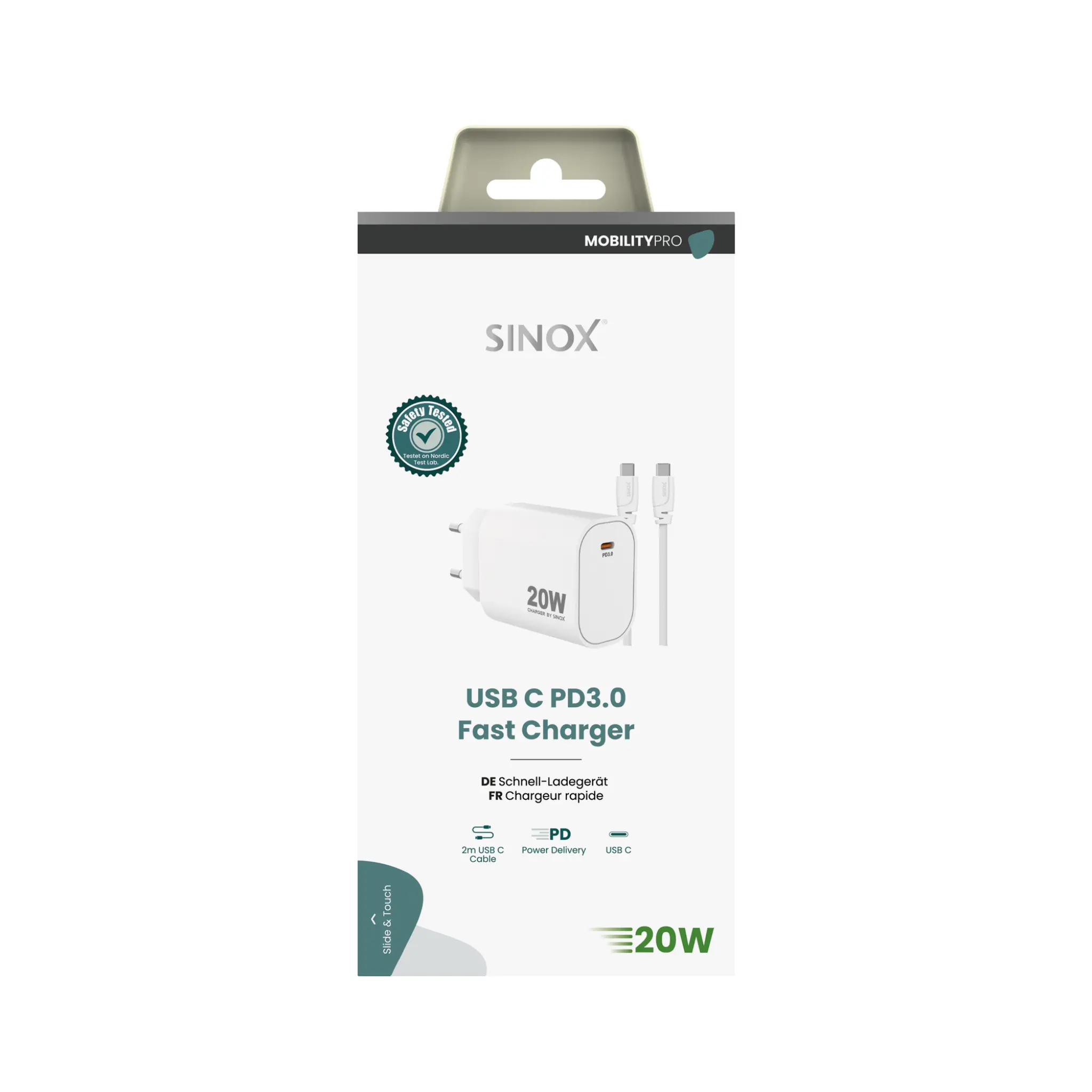 Sinox PRO väggladdare USB-C PD 20W med USB-C-kabel. Vit