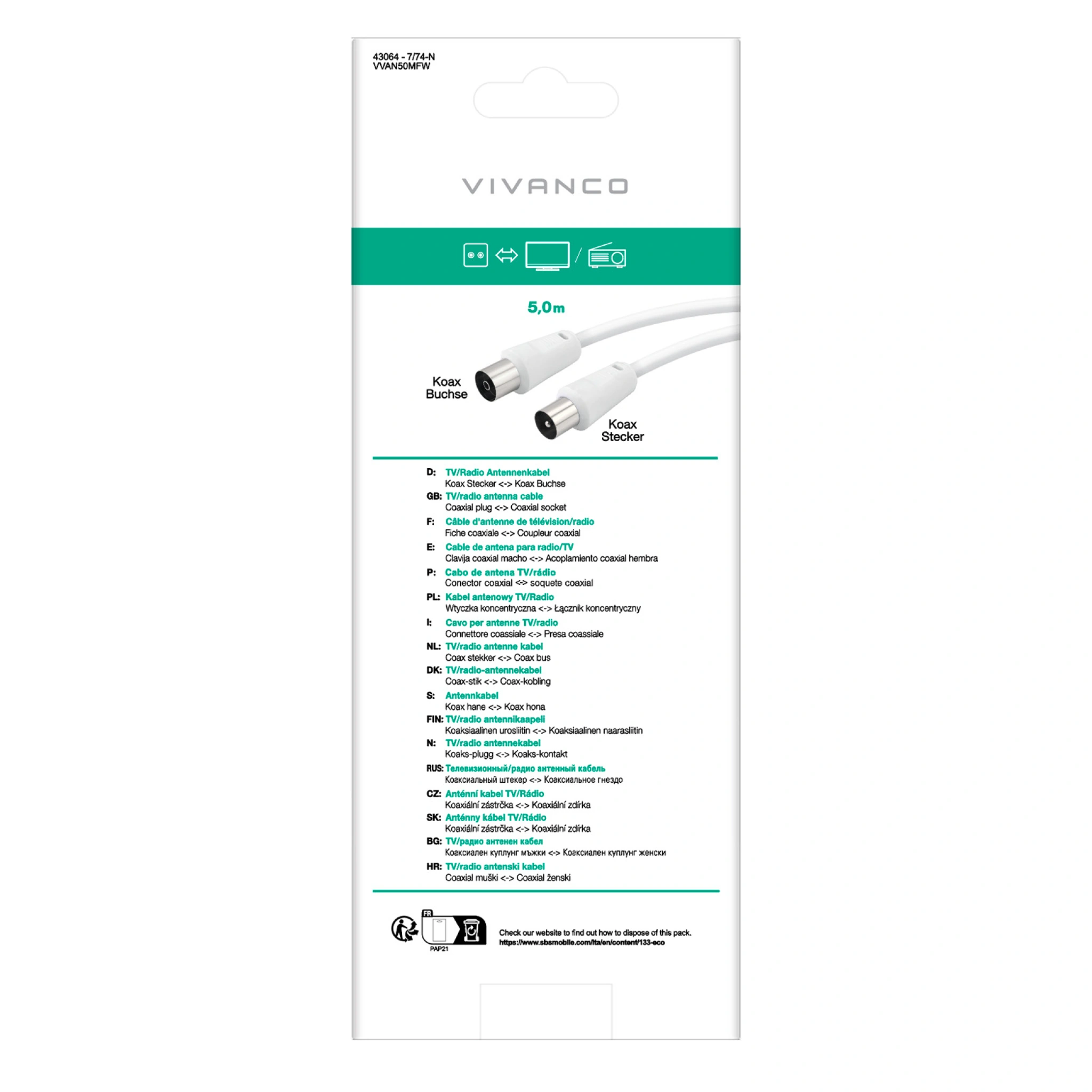 Vivanco Antennkabel hane/hane 50dB