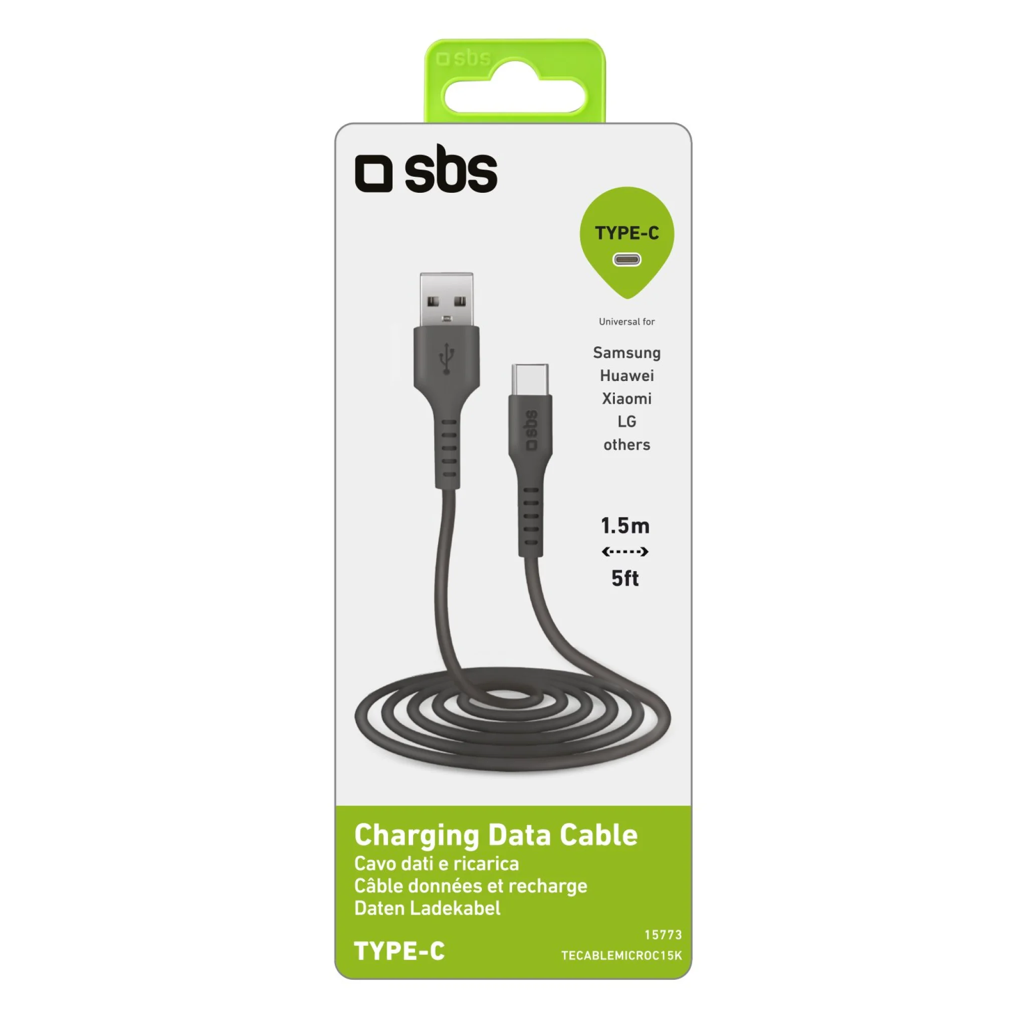 SBS USB 2.0 - USB-C kabel. 1.5m. Svart