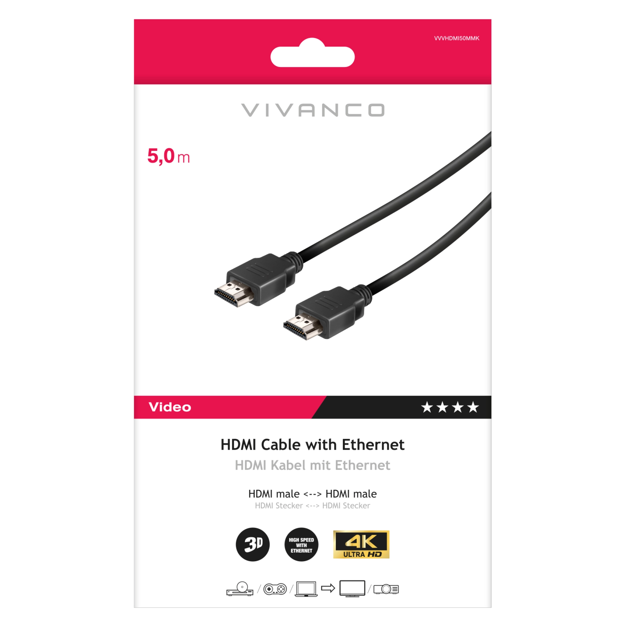 Vivanco HDMI typ A-kabel för 3D och 4K Ultra HD