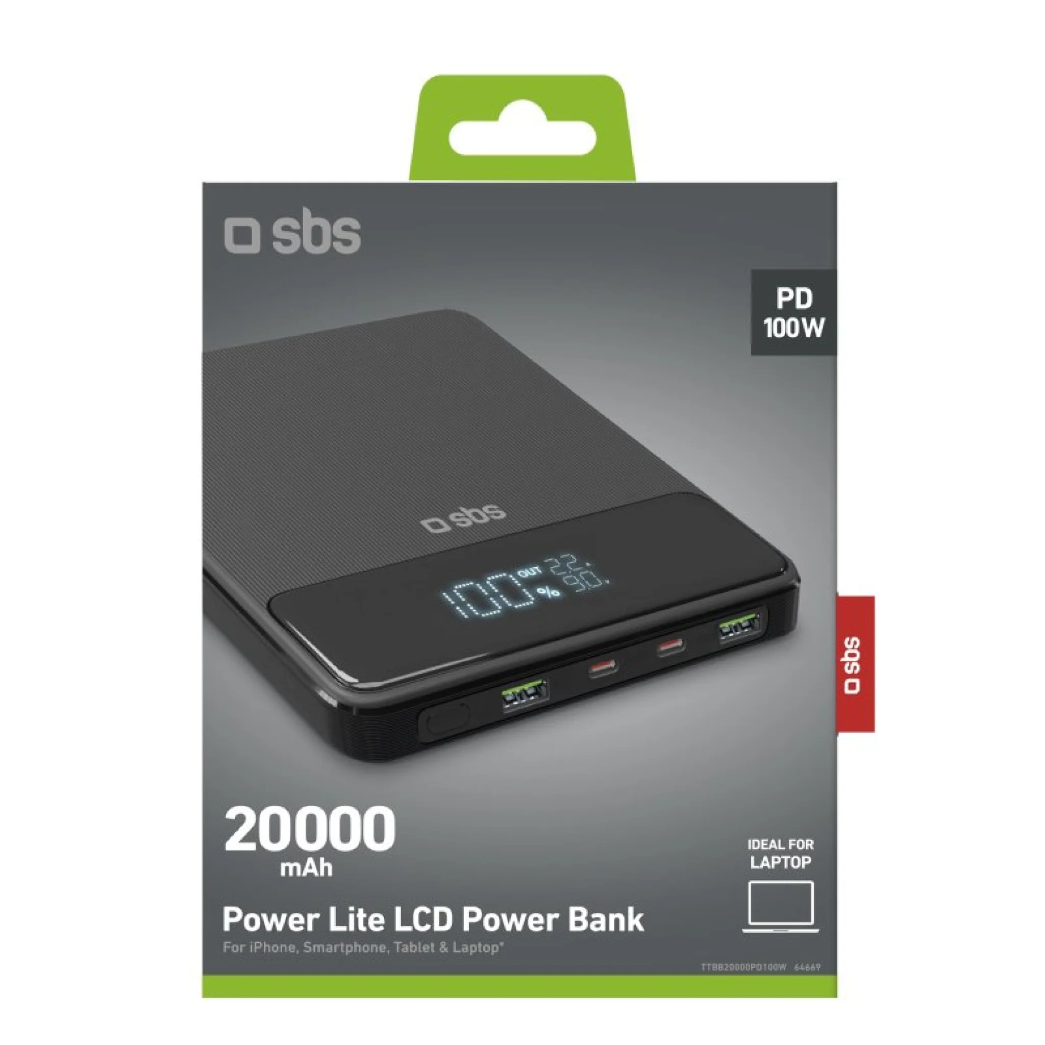 SBS Ultraslimmad powerbank, 20.000 mAH, 100 watt. Svart