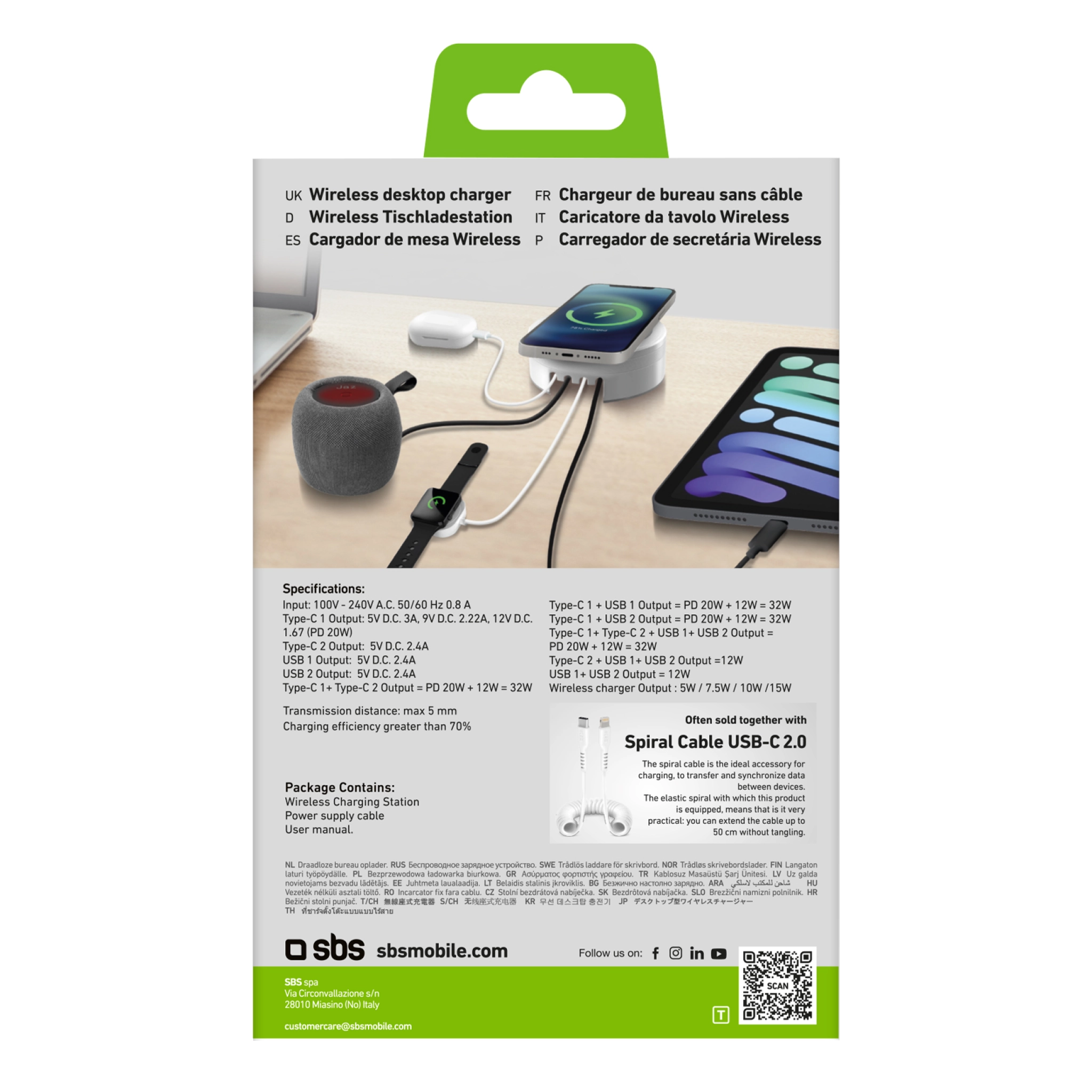 SBS Laddningsstation med 2 USB-A-portar, 2 USB-C-portar och trådlös laddare. Vit färg