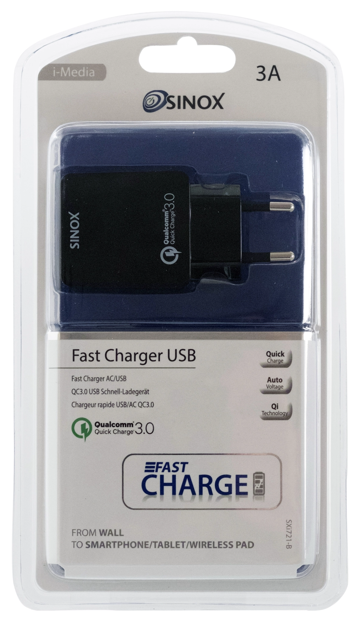 Sinox QC3.0 230V USB A-laddare. 3,0A. Svart