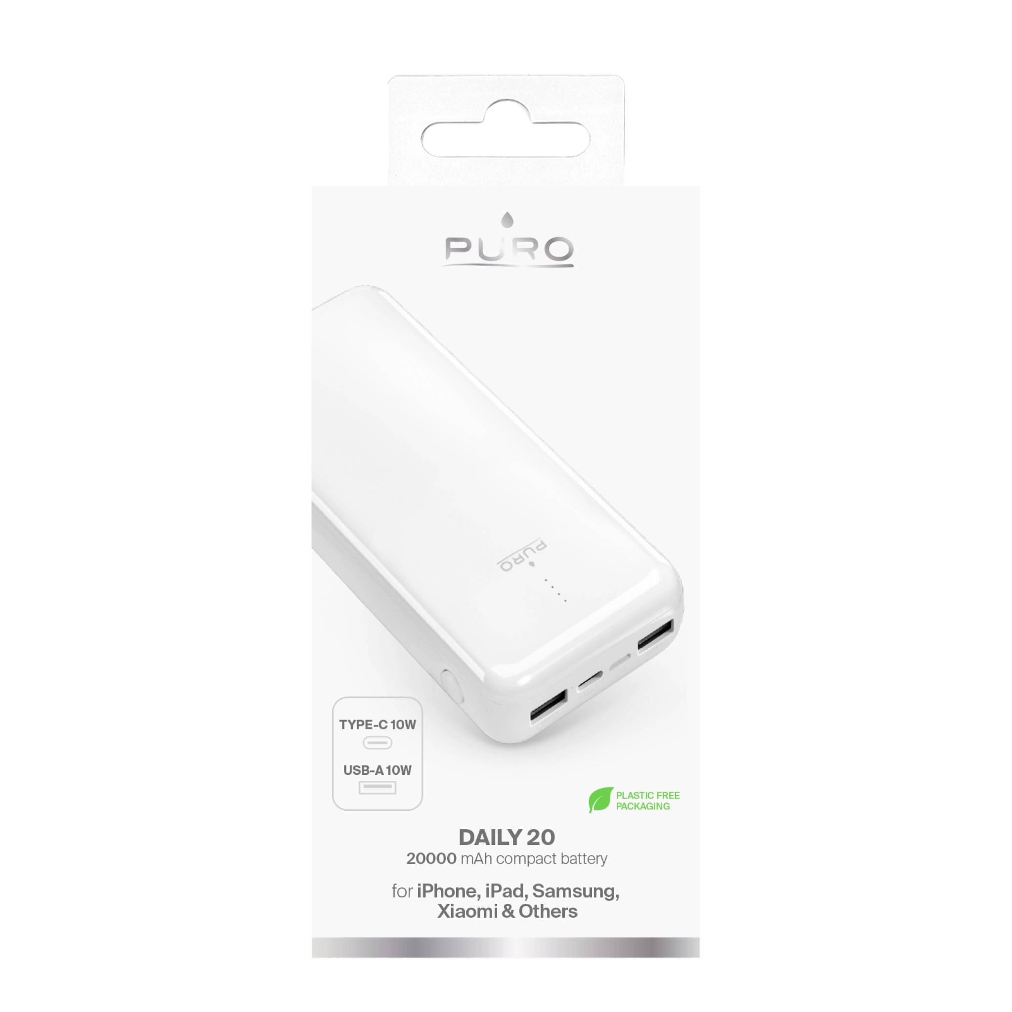 PURO Power Bank 20000mAh USB-C + 2 USB-A Snabbladdning. Vit