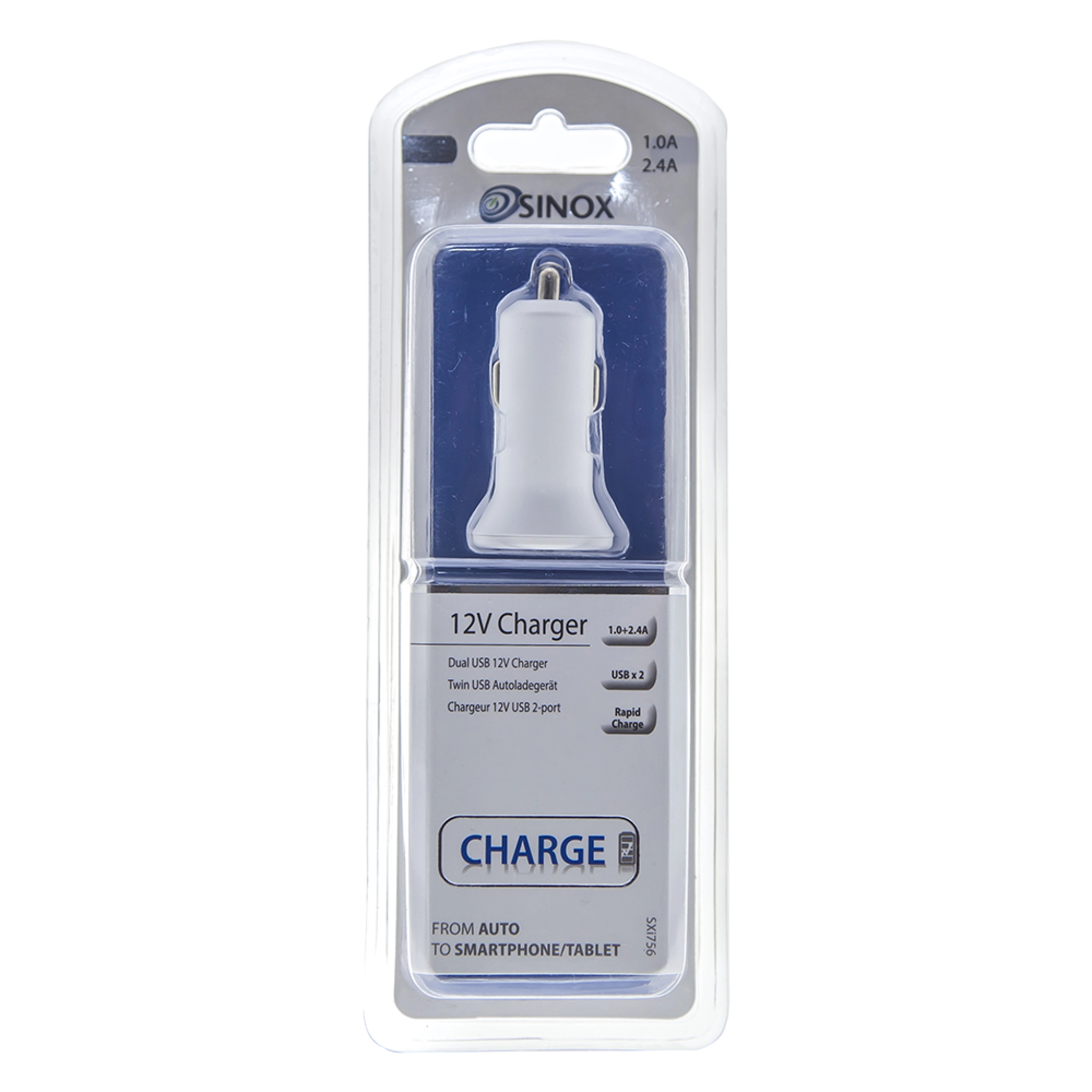 Sinox 12V dubbel USB A-billaddare. 1.0+2.1A. Vit