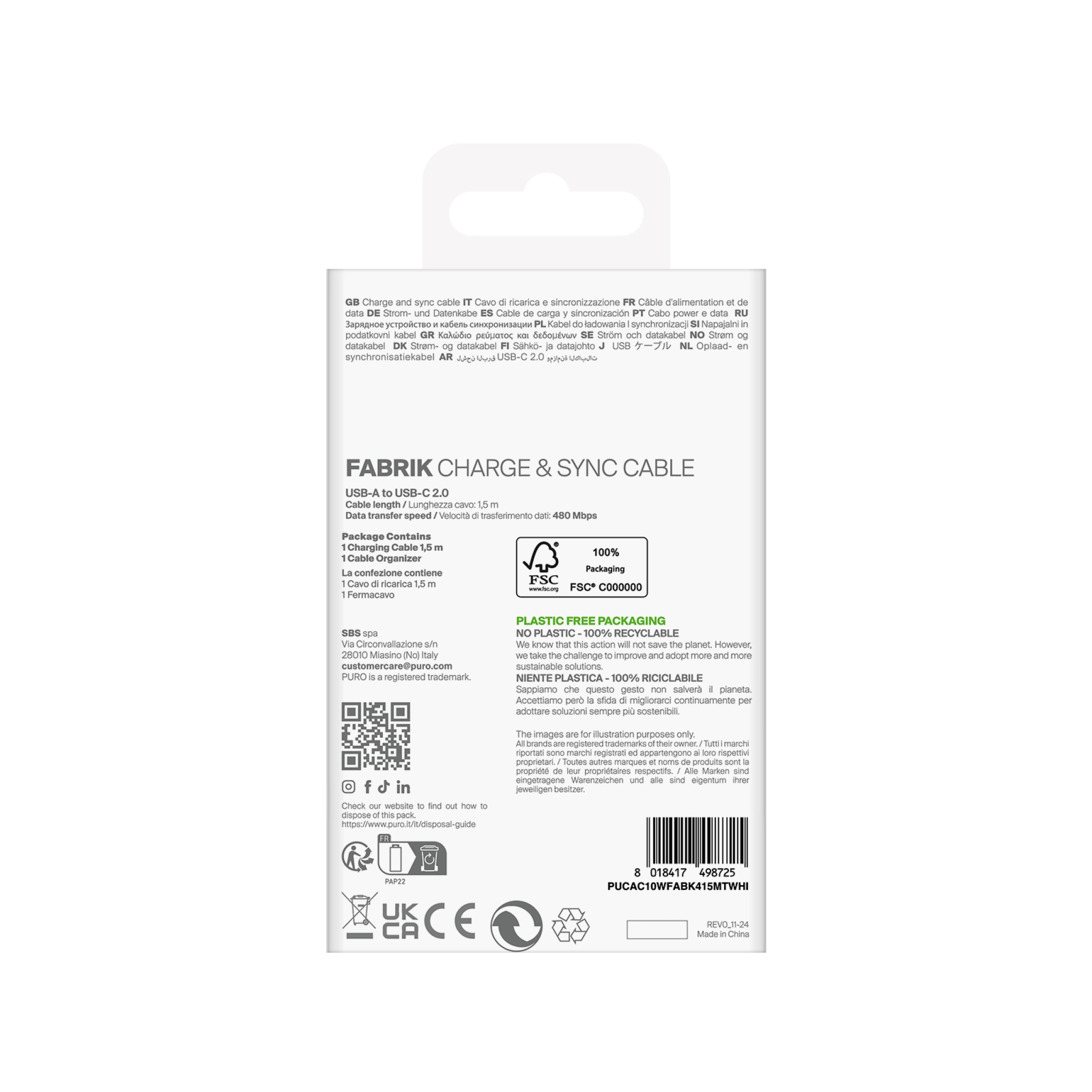 PURO Fabrik 2.0 USB-A - USB-C laddnings- och synkroniseringskabel