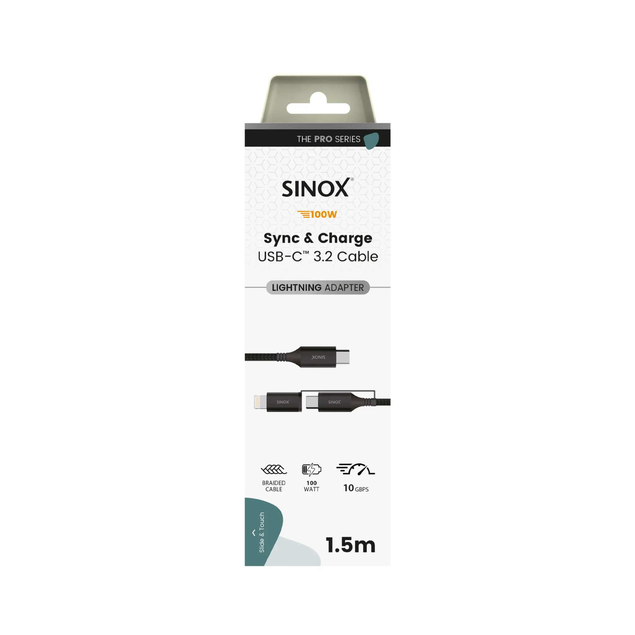 Sinox PRO 2-i-1-kabel med USB-C och Lightning. 1.5m. Flätad. Svart