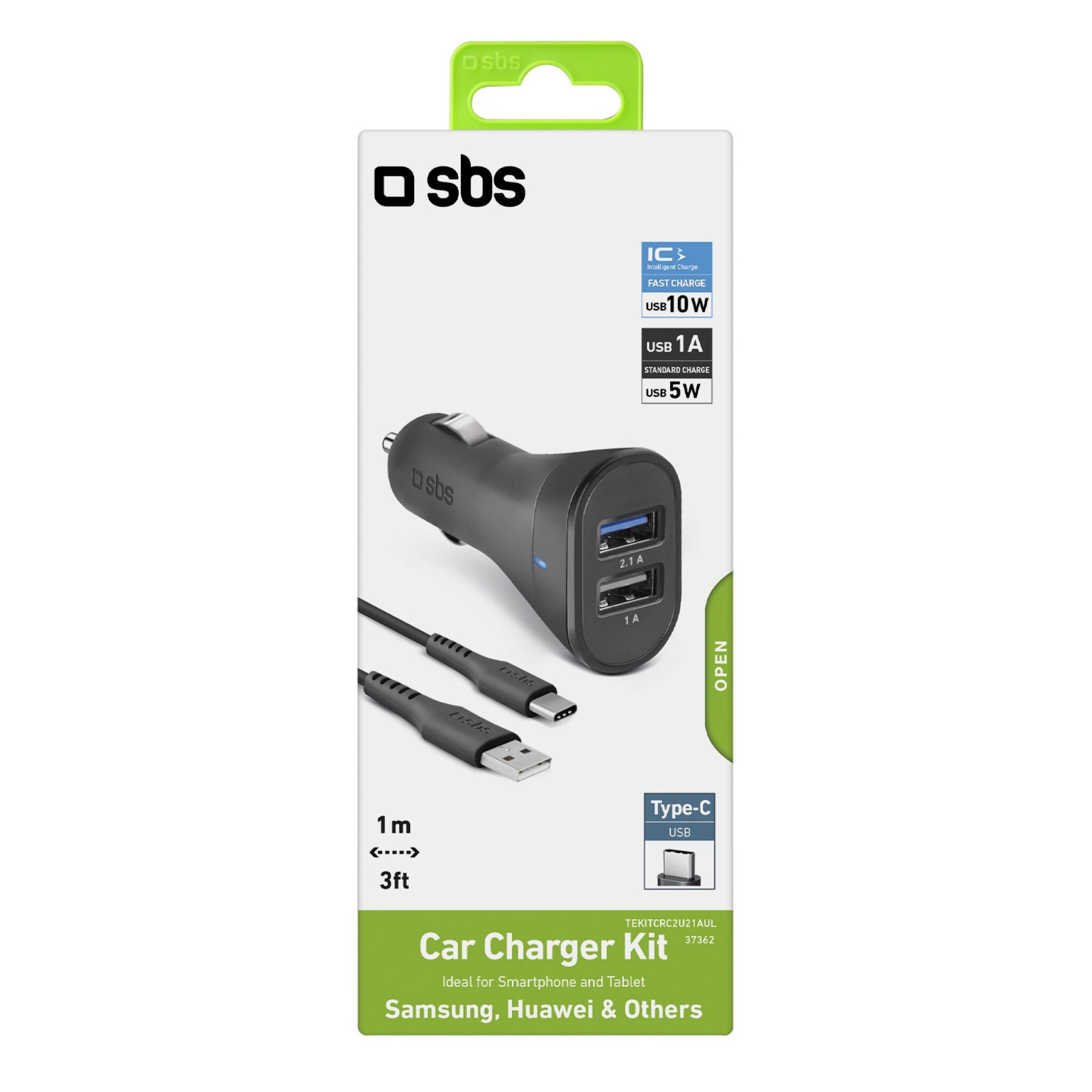 SBS Billaddare med 2 USB-portar och USB-C-kabel. 1m. Svart