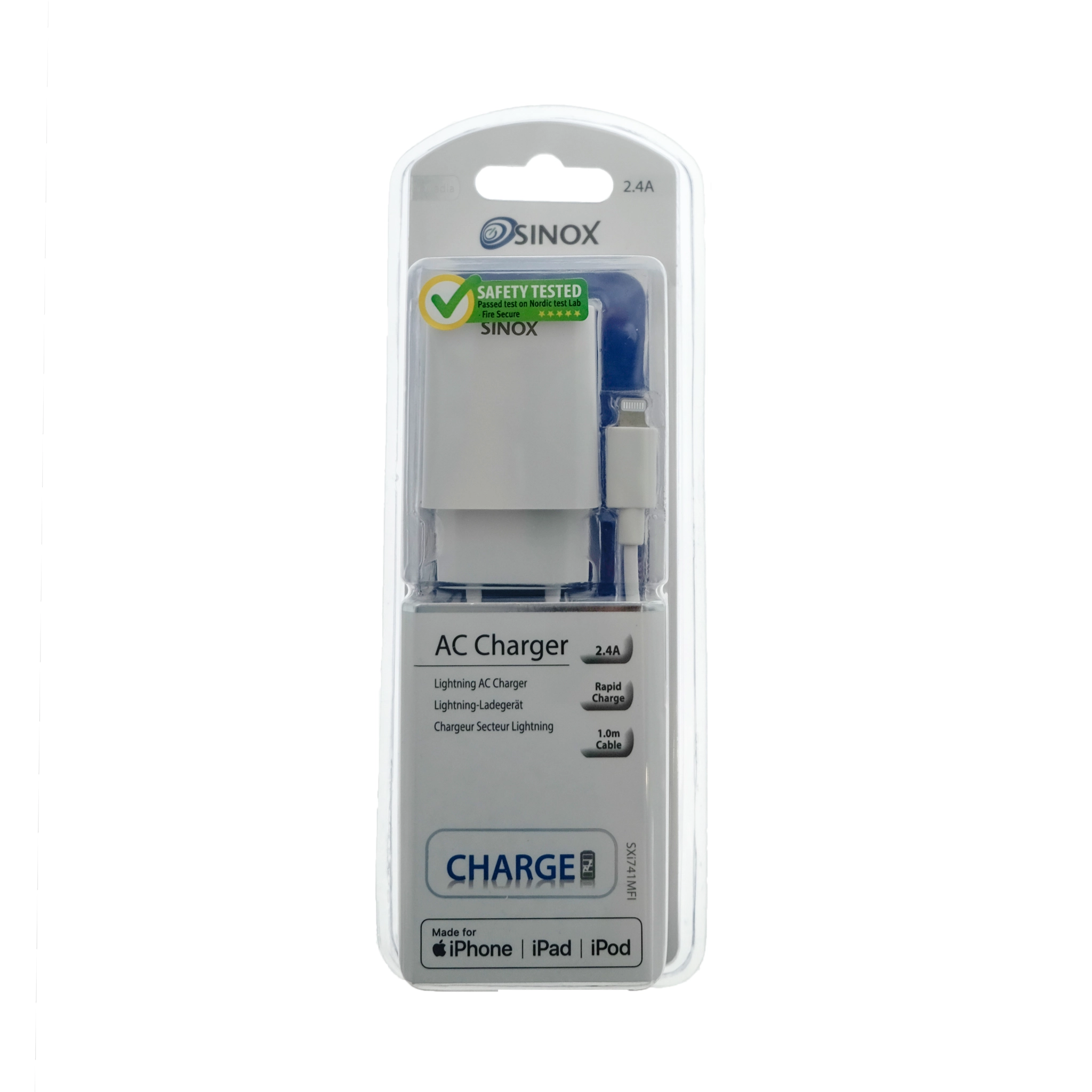 Sinox 230V USB A-laddare med MFI-chip. 1m. Vit