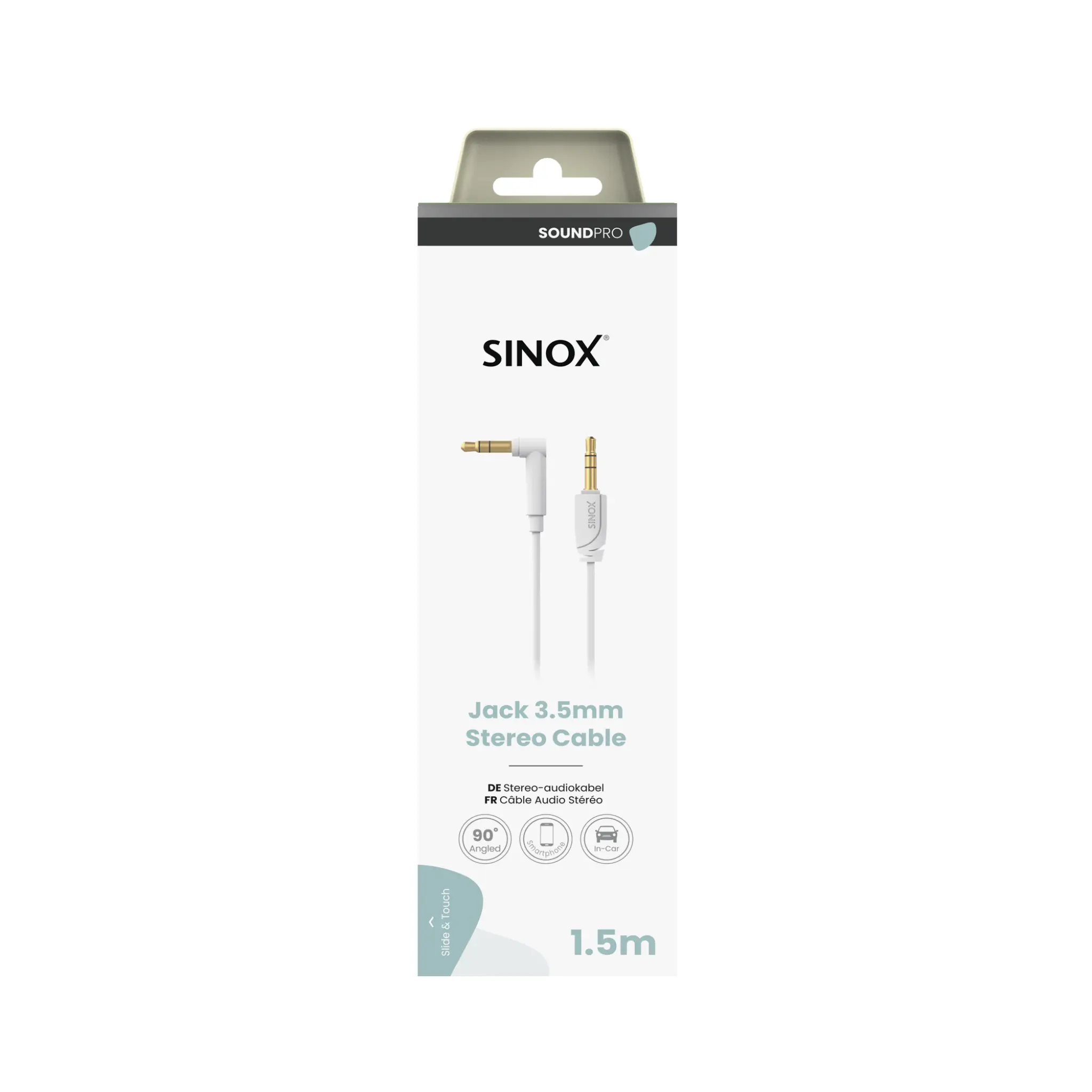 Sinox PRO 3,5 mm kabel med vinklad kontakt. 1,5m. Vit