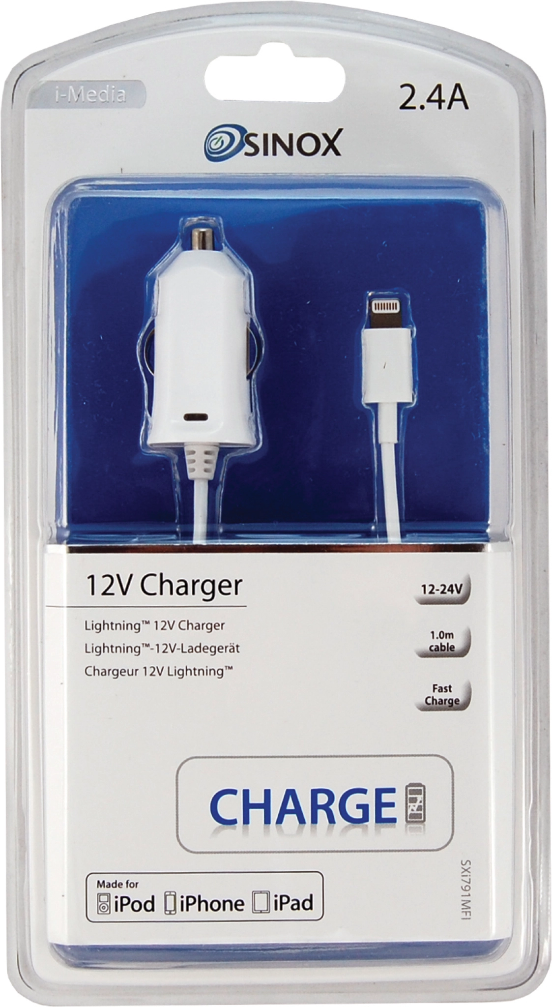 Sinox 12V billaddare med Lightning+MFI-chip 2.4A. 1m. Vit