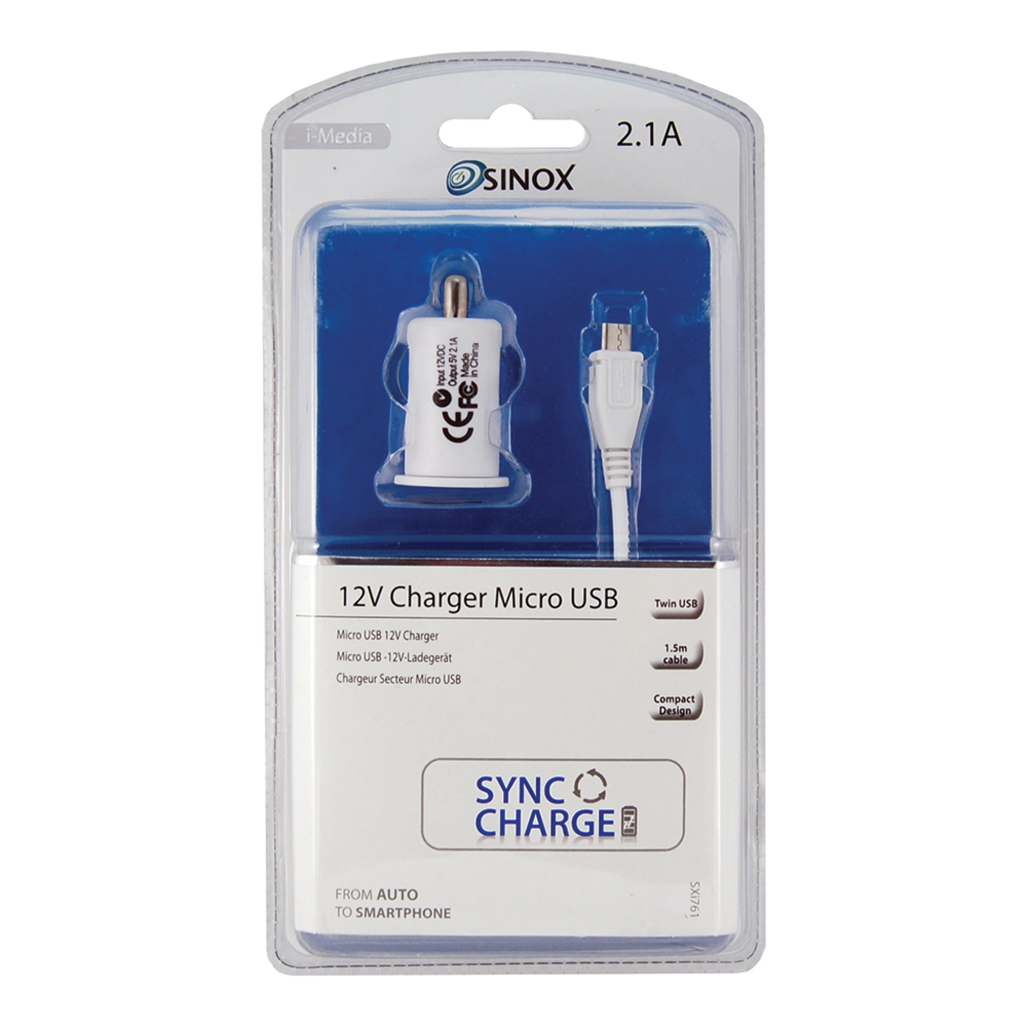 Sinox USB A billaddare med mikro-USB-kabel. 2,4A. 1,5m. Vit