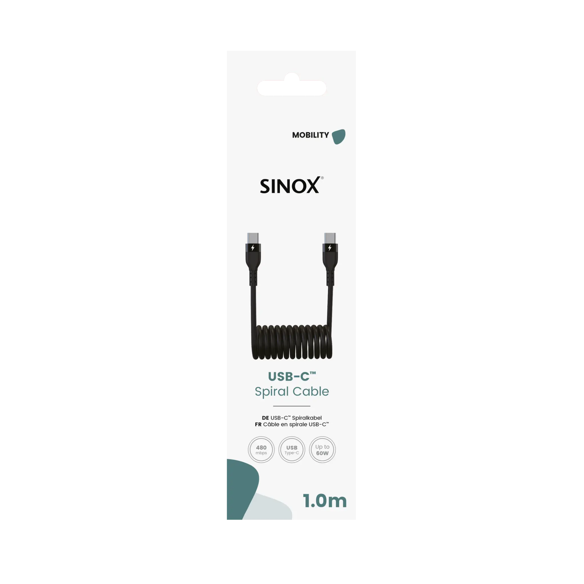 Sinox USB C Spiralkabel. 1m. Svart