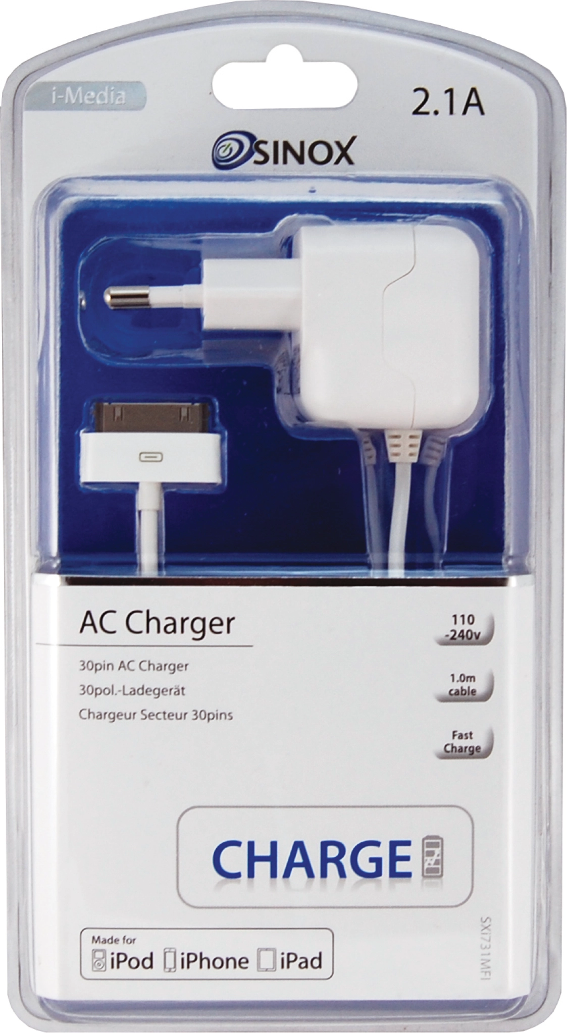 Sinox 230V Apple™ 30-pin laddare med MFI-chip. 1m. Vit
