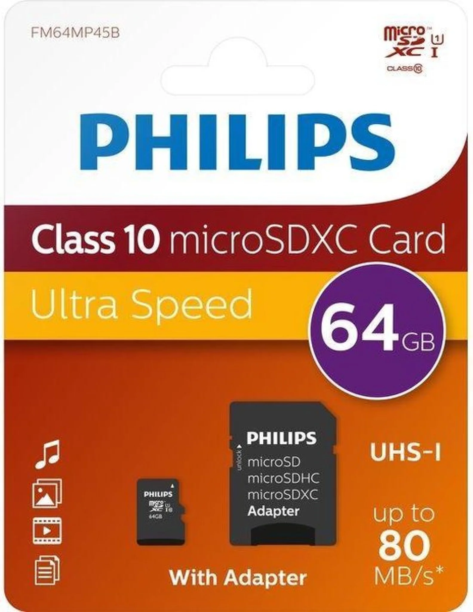 Philips Micro SDXC kort. 64GB klass 10 UHS-I U1