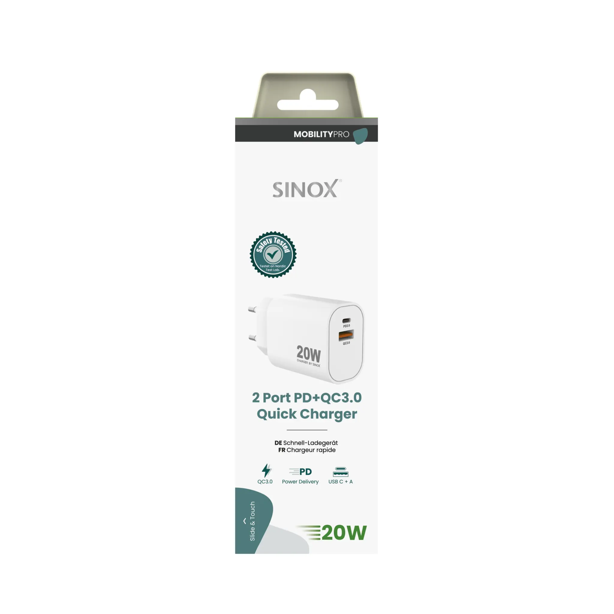 Sinox PRO väggladdare USB-A+USB-C 20W. Vit