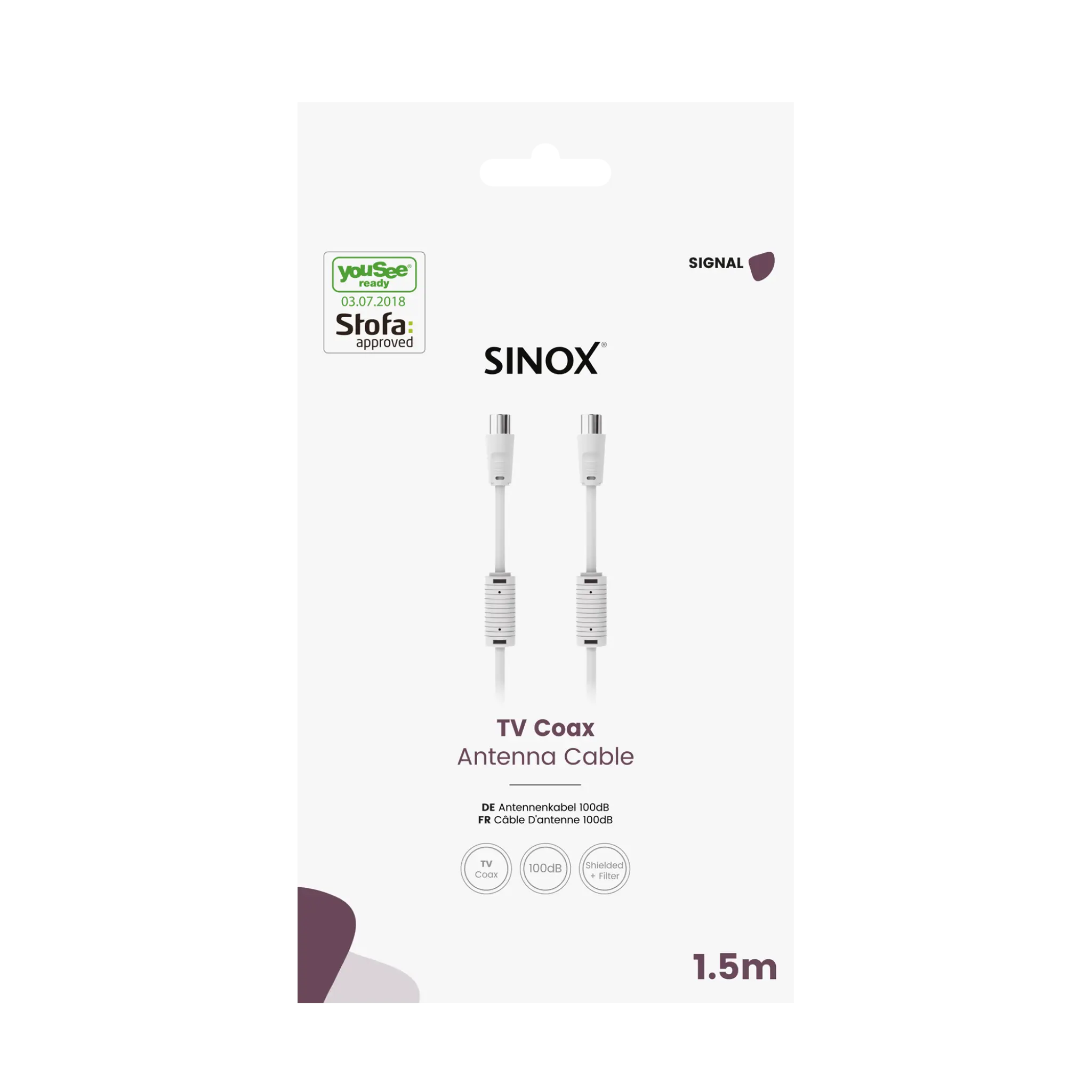 Sinox antennkabel YouSee Ready & Stofa godkänd. 1,5m. Vit