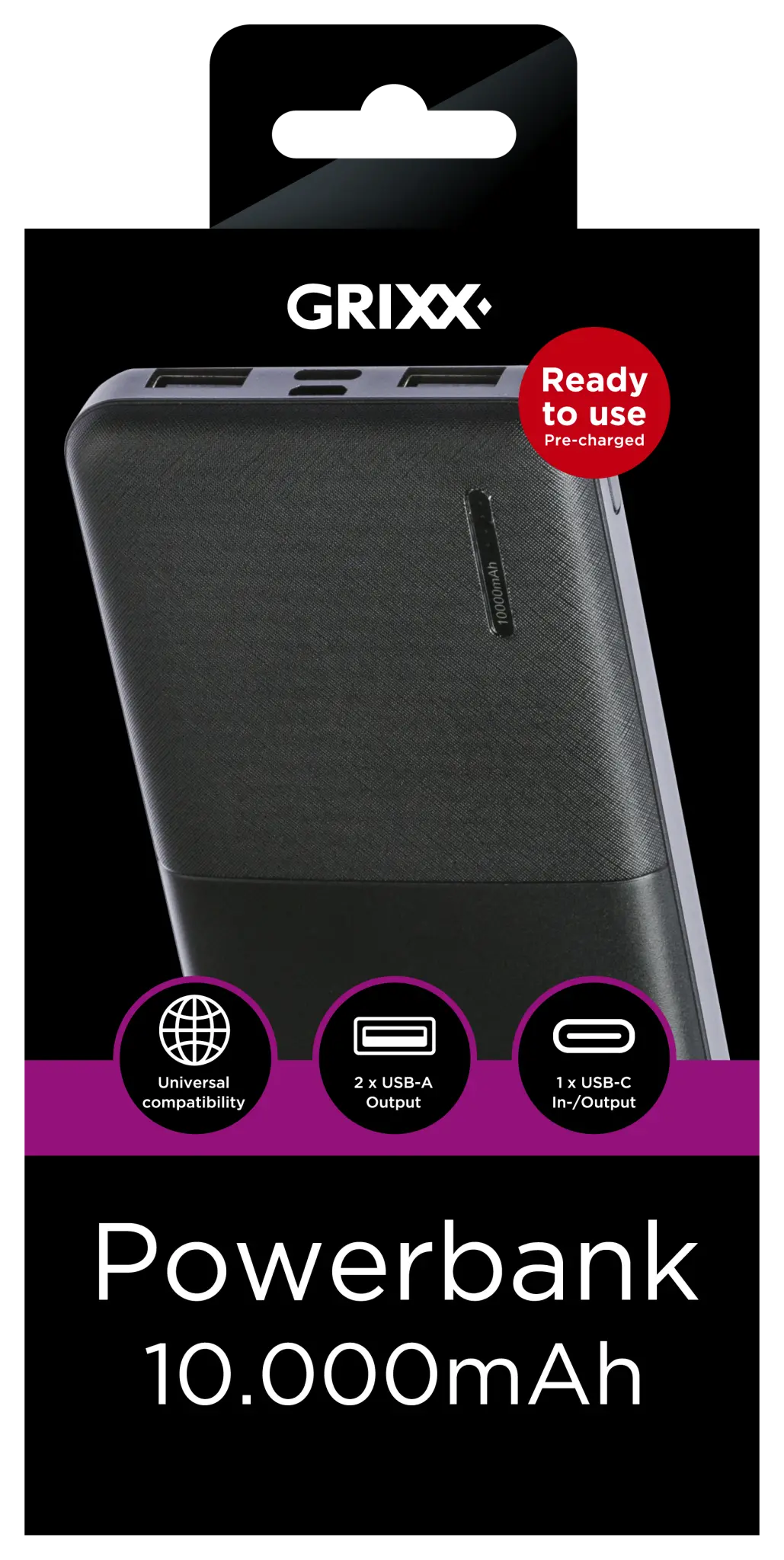 Grixx Powerbank 10.000mAh. Svart
