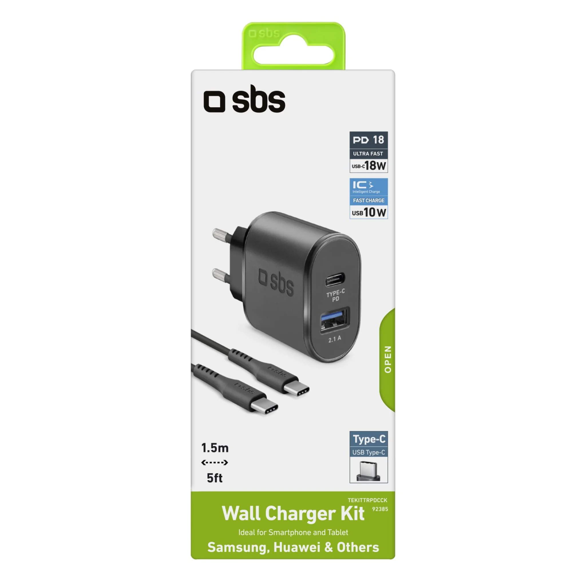 SBS 18W laddare. USB C kabel. Svart