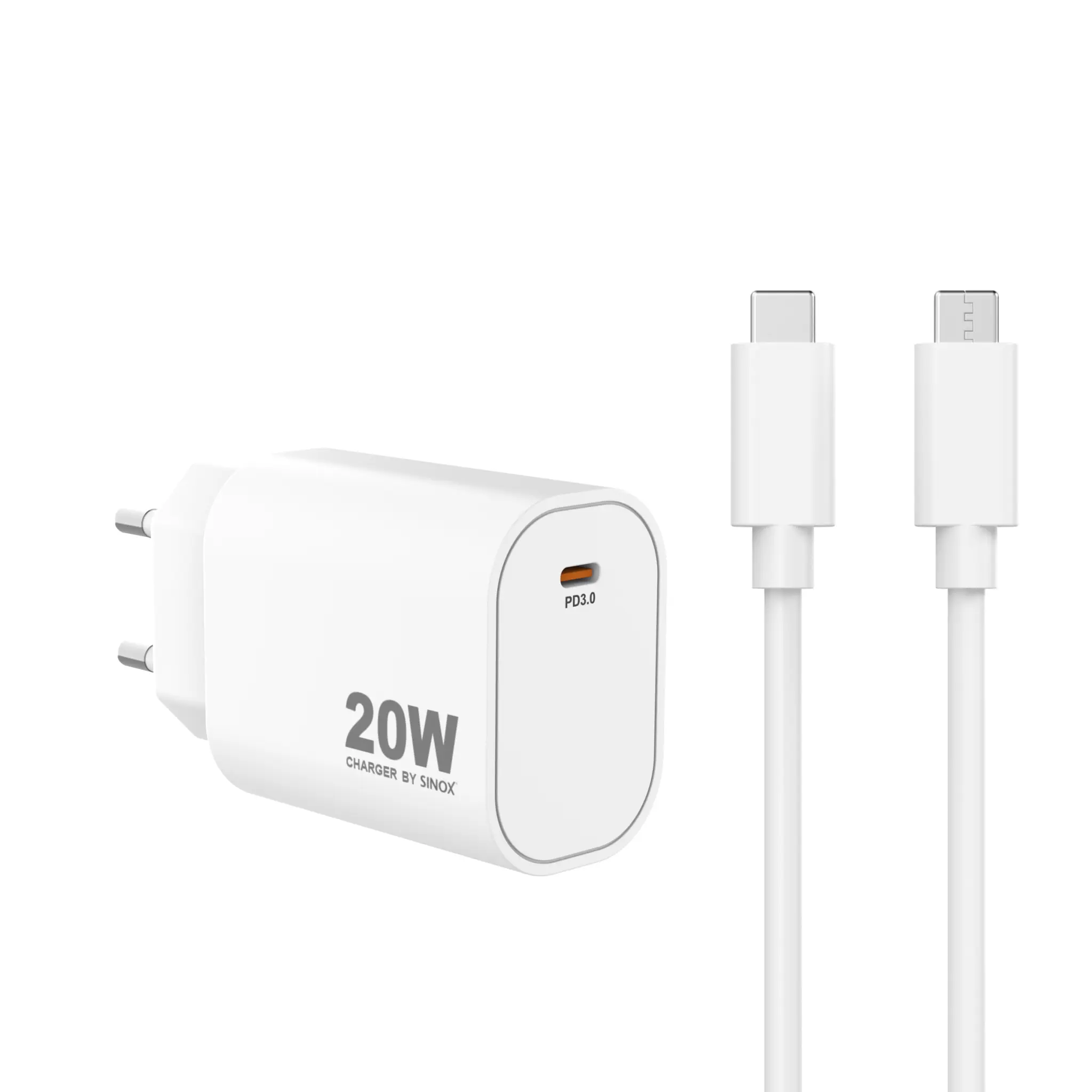 Sinox PRO väggladdare USB-C PD 20W med USB-C-kabel. Vit
