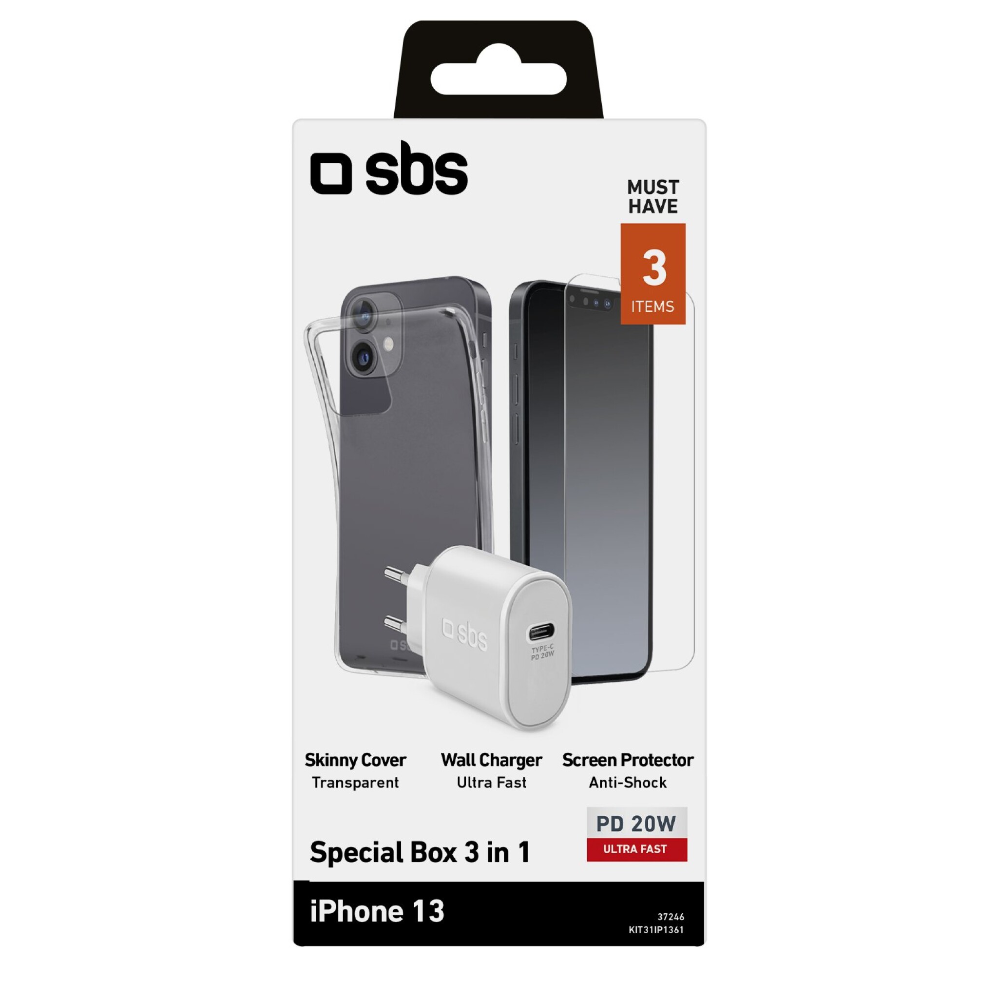 SBS set bestående av SBS-laddare, mobilskal och skyddsglas för iPhone 13®