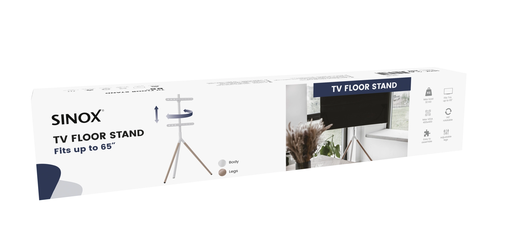 Sinox Tripod TV-golvstativ med svängbar topp. 45"-65". Ljust trä/vit