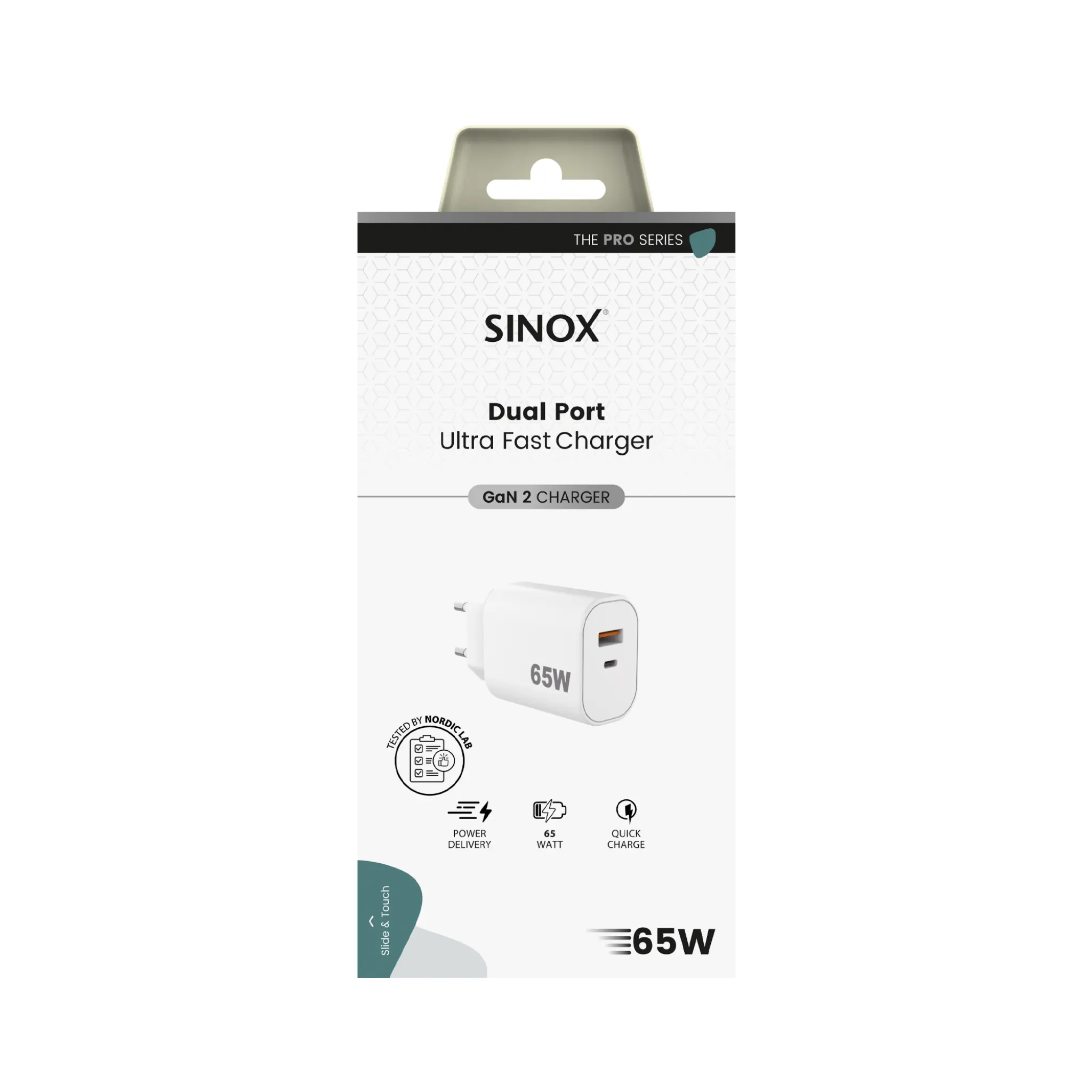 Sinox PRO väggladdare USB-A+USB-C PD 65W. Vit
