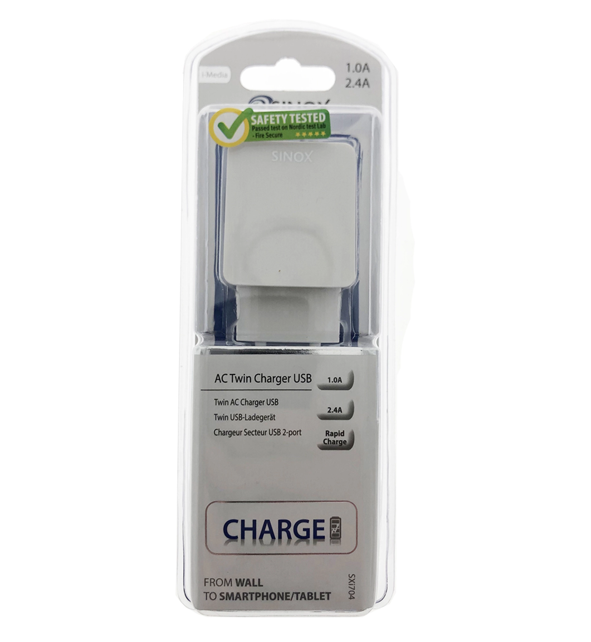 Sinox 230V dubbel USB A-laddare 1,0+2,1A. Vit