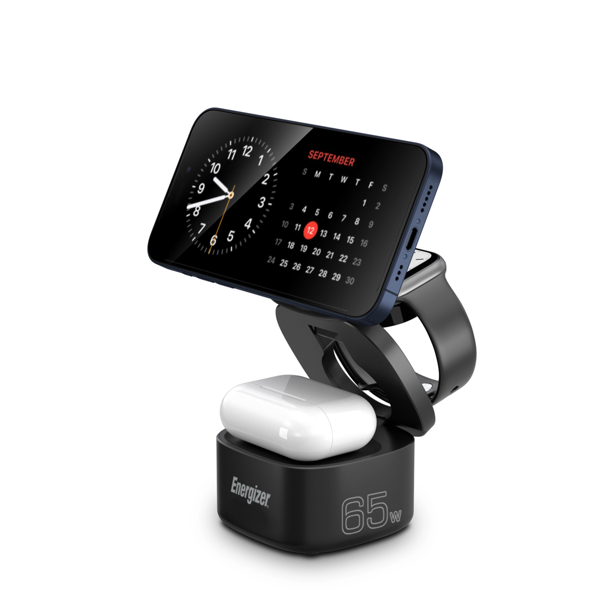 Energizer 3-i-1 trådlös laddningsstation med 65W USB-C PD. Svart