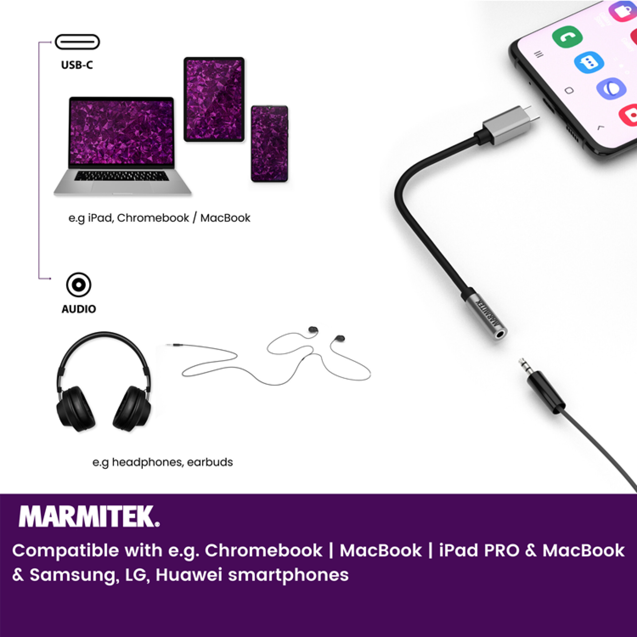 Marmitek USB-C till AUX adapter. 0,15m