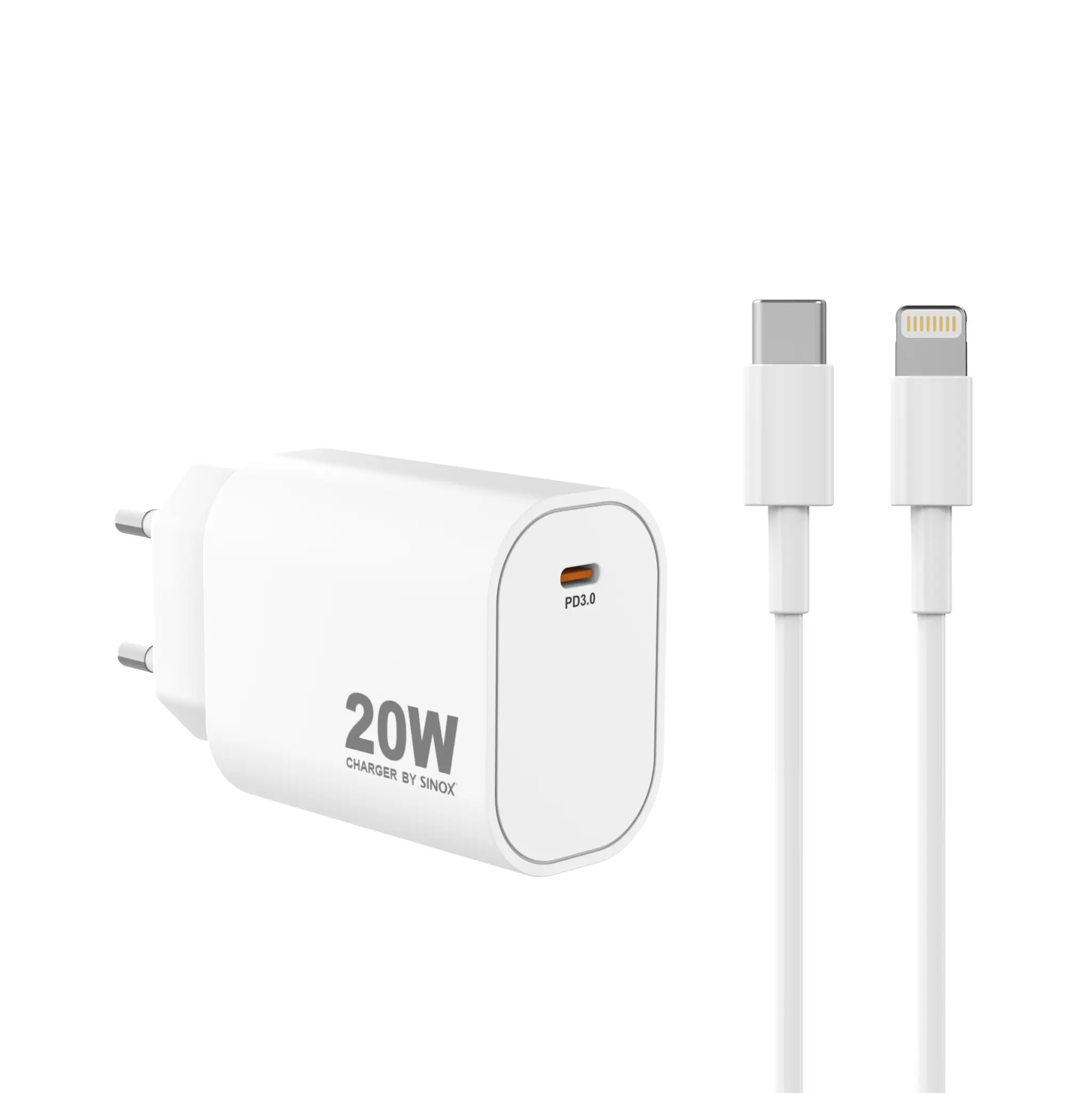 Sinox PRO väggladdare USB-C PD 20W med Lightning kabel. Vit