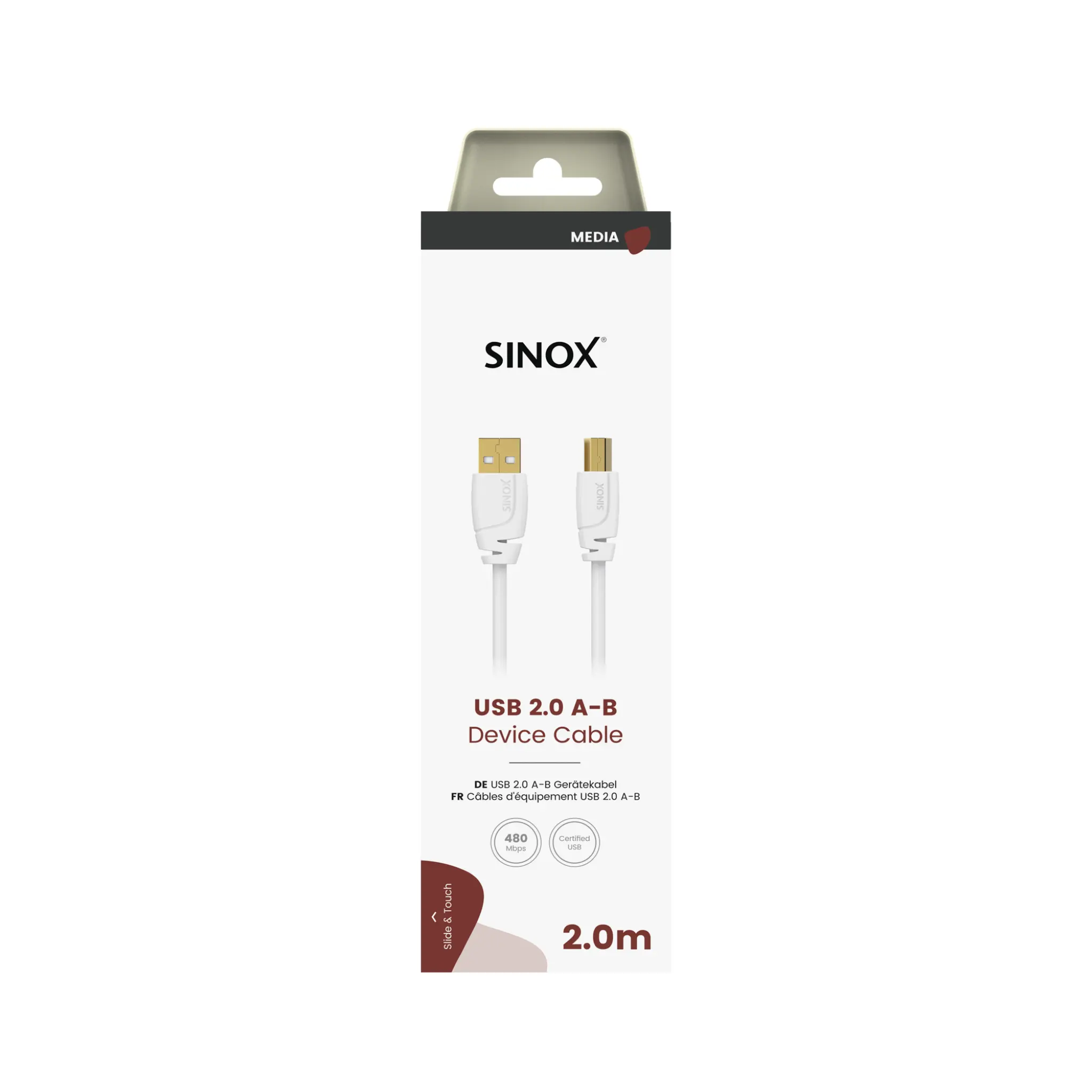 Sinox USB 2.0 Printerkabel. 2m. Vit