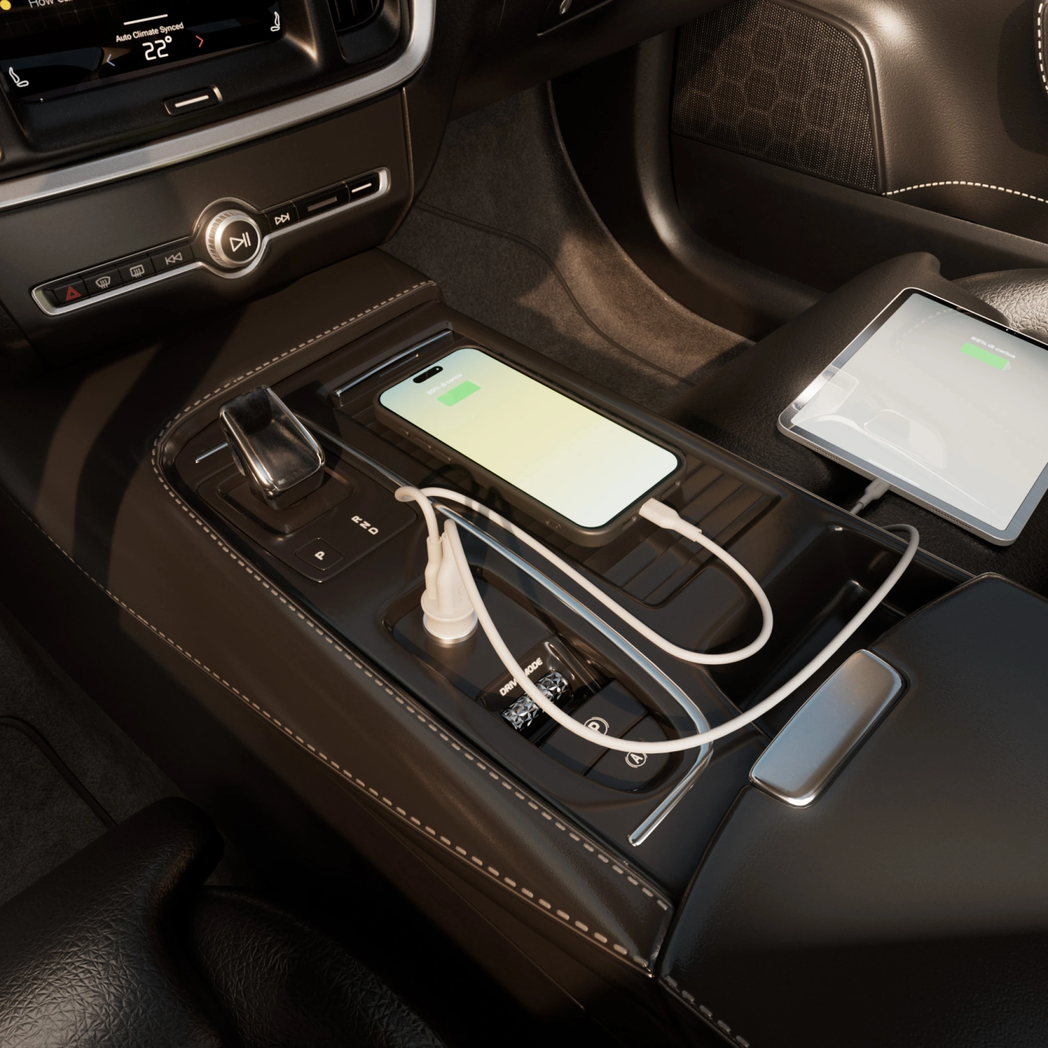 PURO Pro Lite billaddare med 1 USB-A-port och 1 USB-C-port. Vit färg