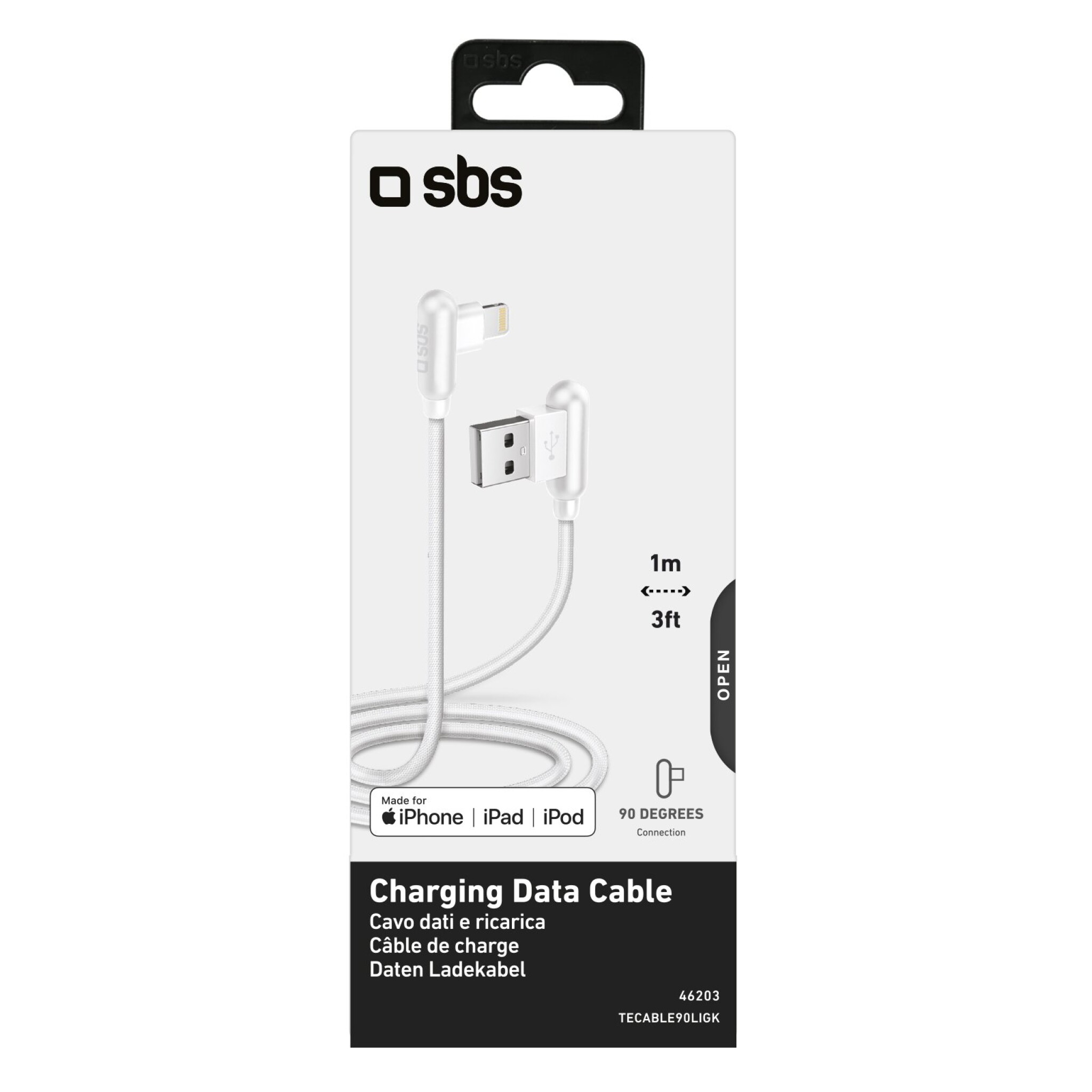 SBS 90° Lightning-kabel. 1 m. Vit